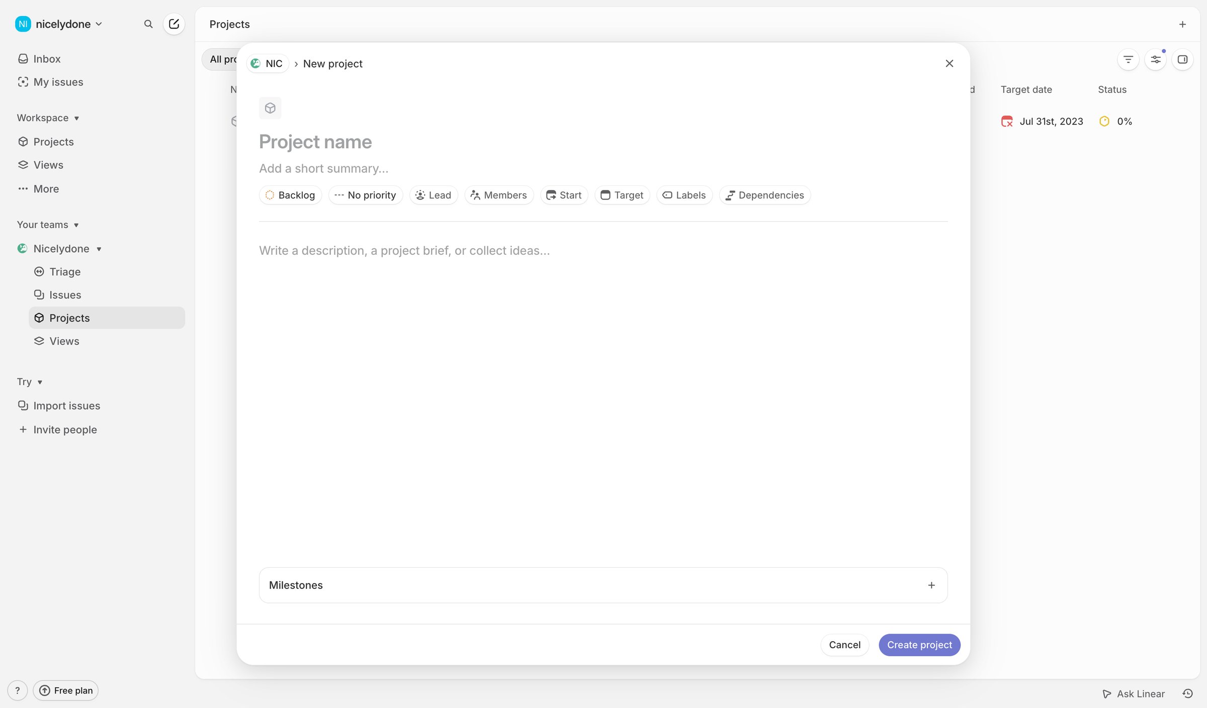Linear - Nicelydone › Projects screen