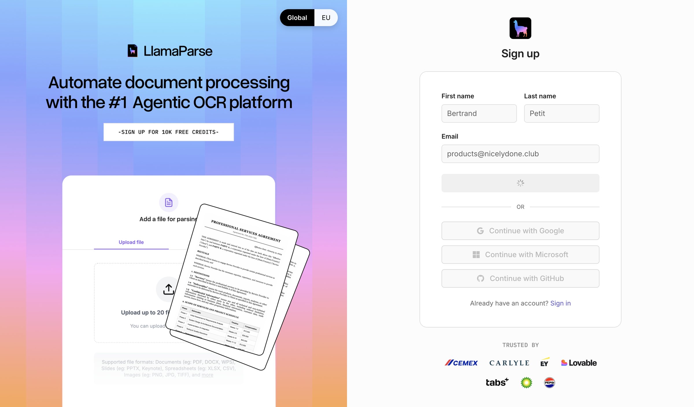 Llamaindex - Sign up screen