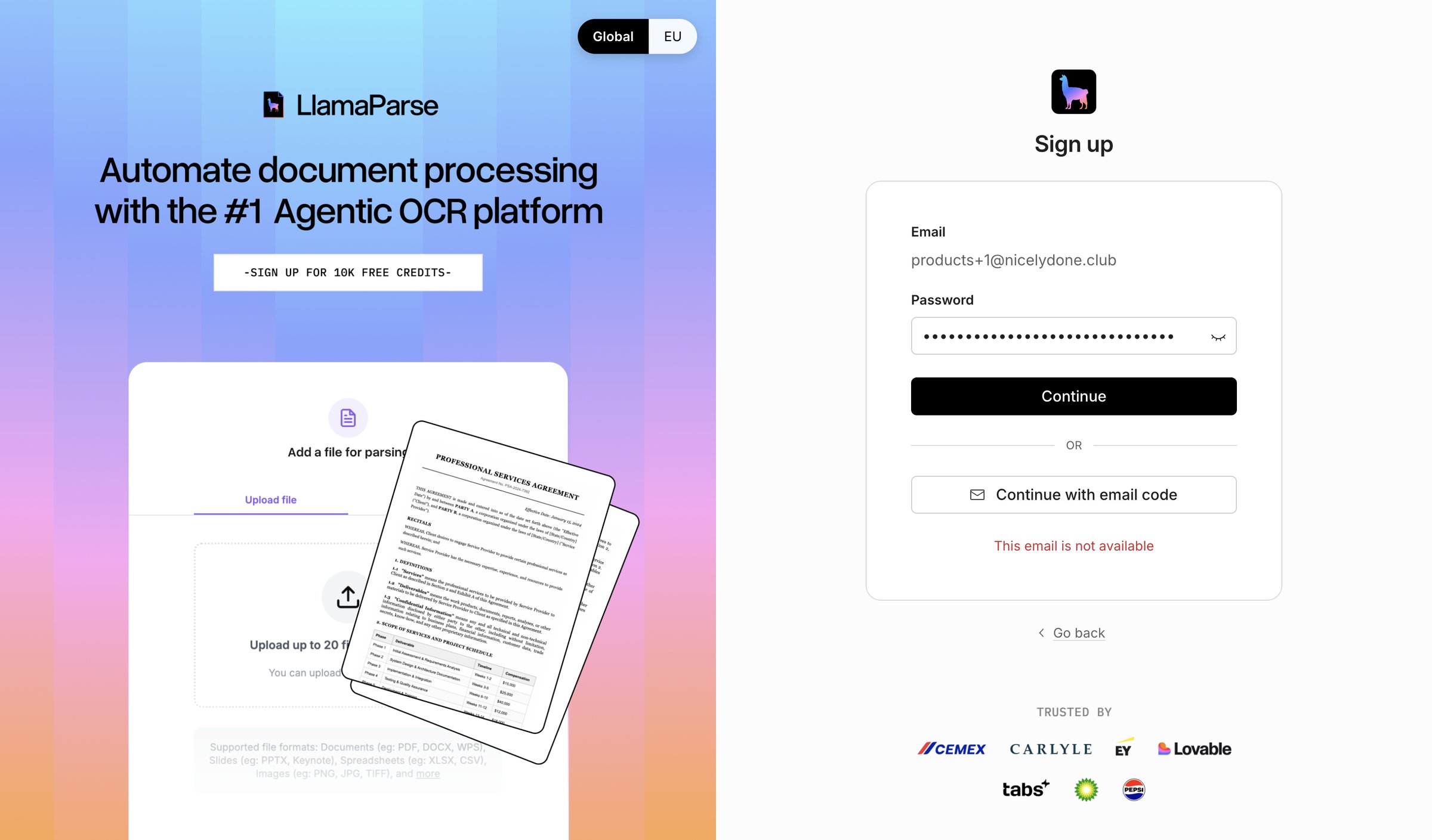 Llamaindex - Sign up screen