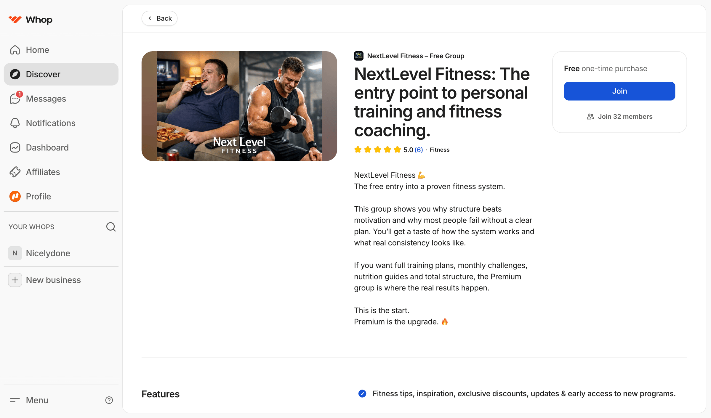 Whop - NextLevel Fitness – Free Group | Whop screen