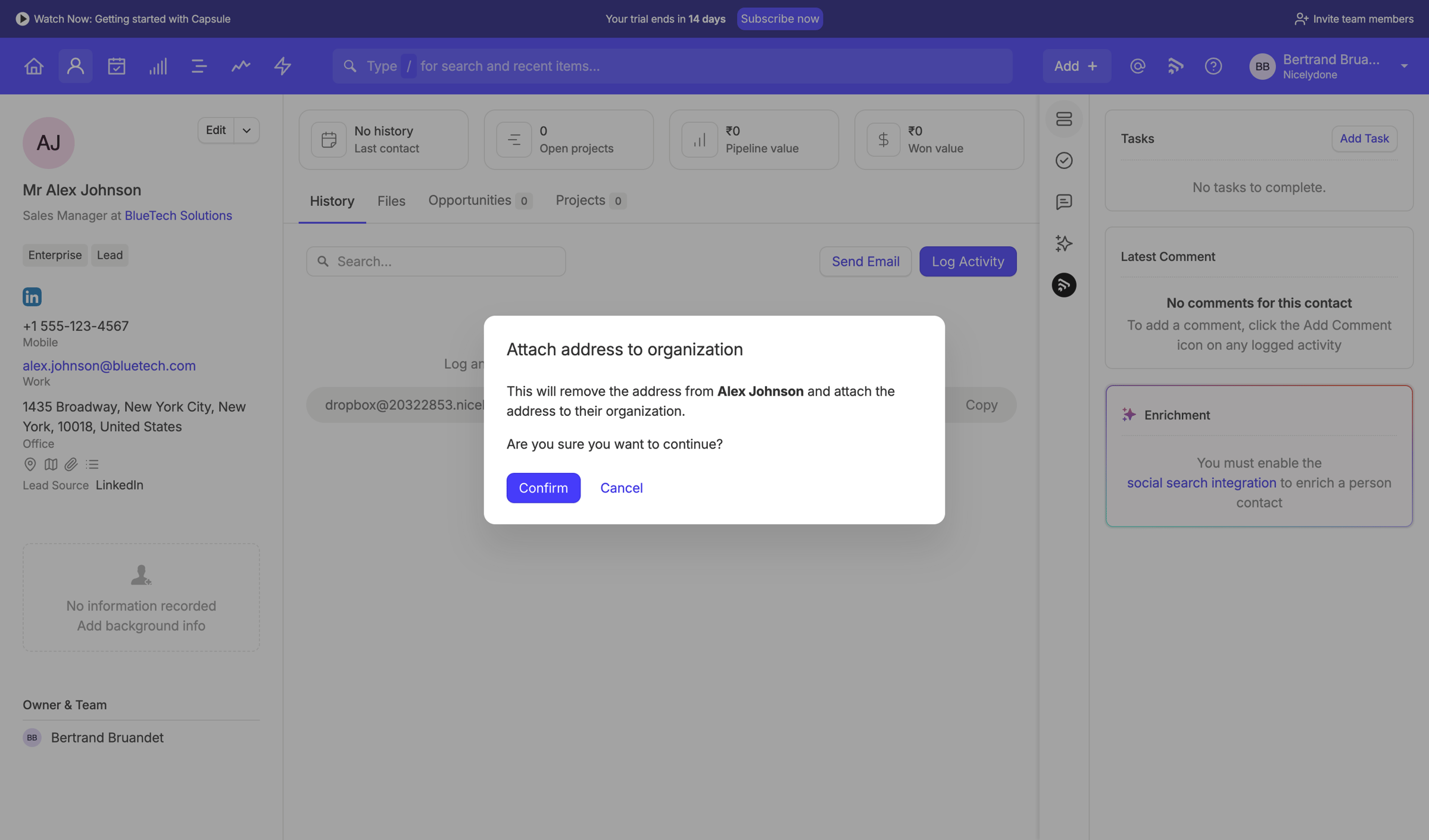 Capsule - Alex Johnson | Nicelydone CRM screen