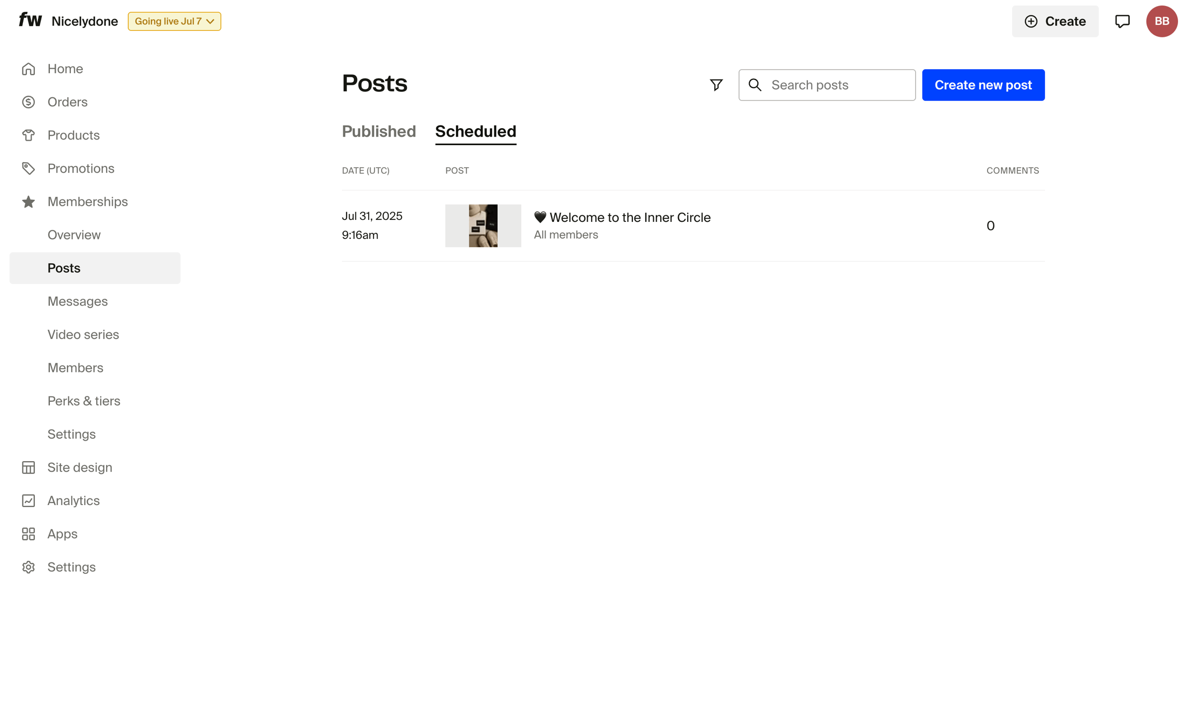 Fourthwall - Scheduled Posts – Dashboard screen