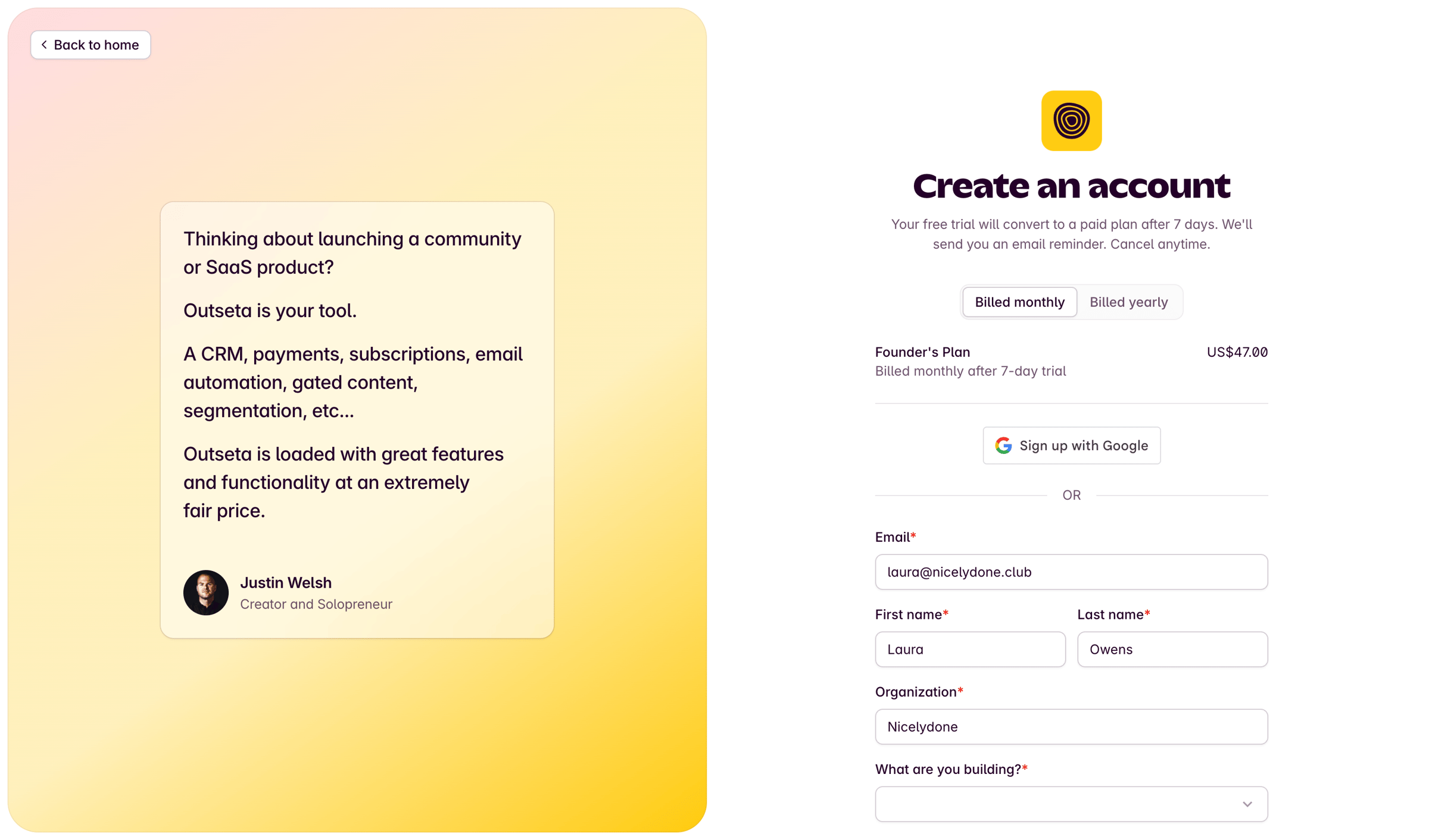 Outseta - Sign Up | Outseta screen