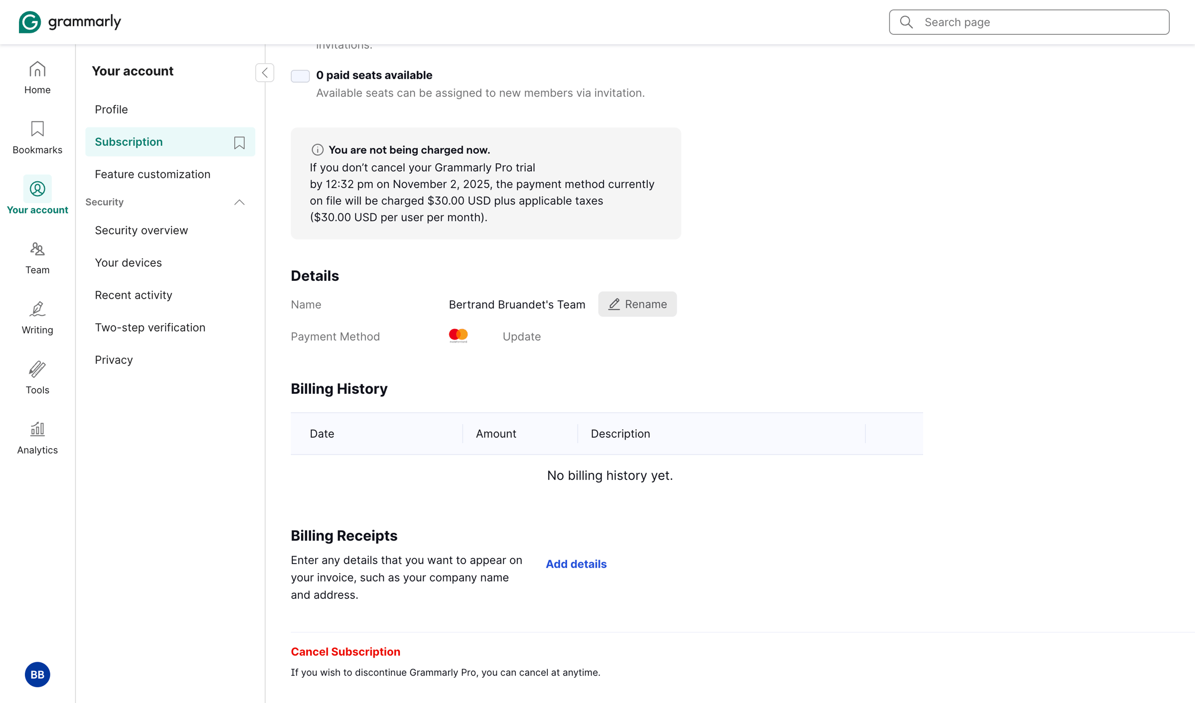 Grammarly - Account | Grammarly screen