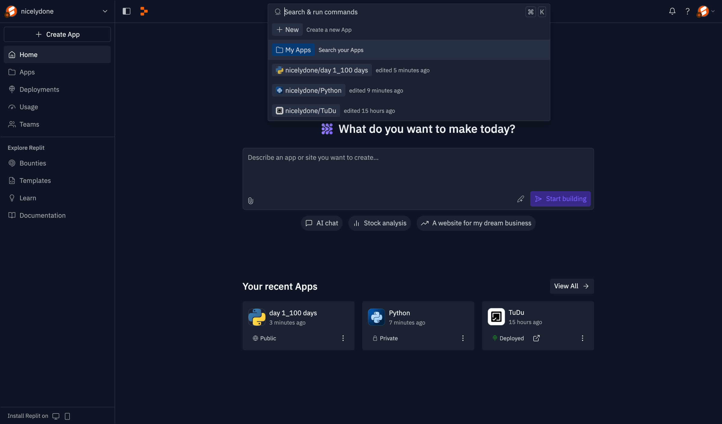 Replit - Home - Replit screen