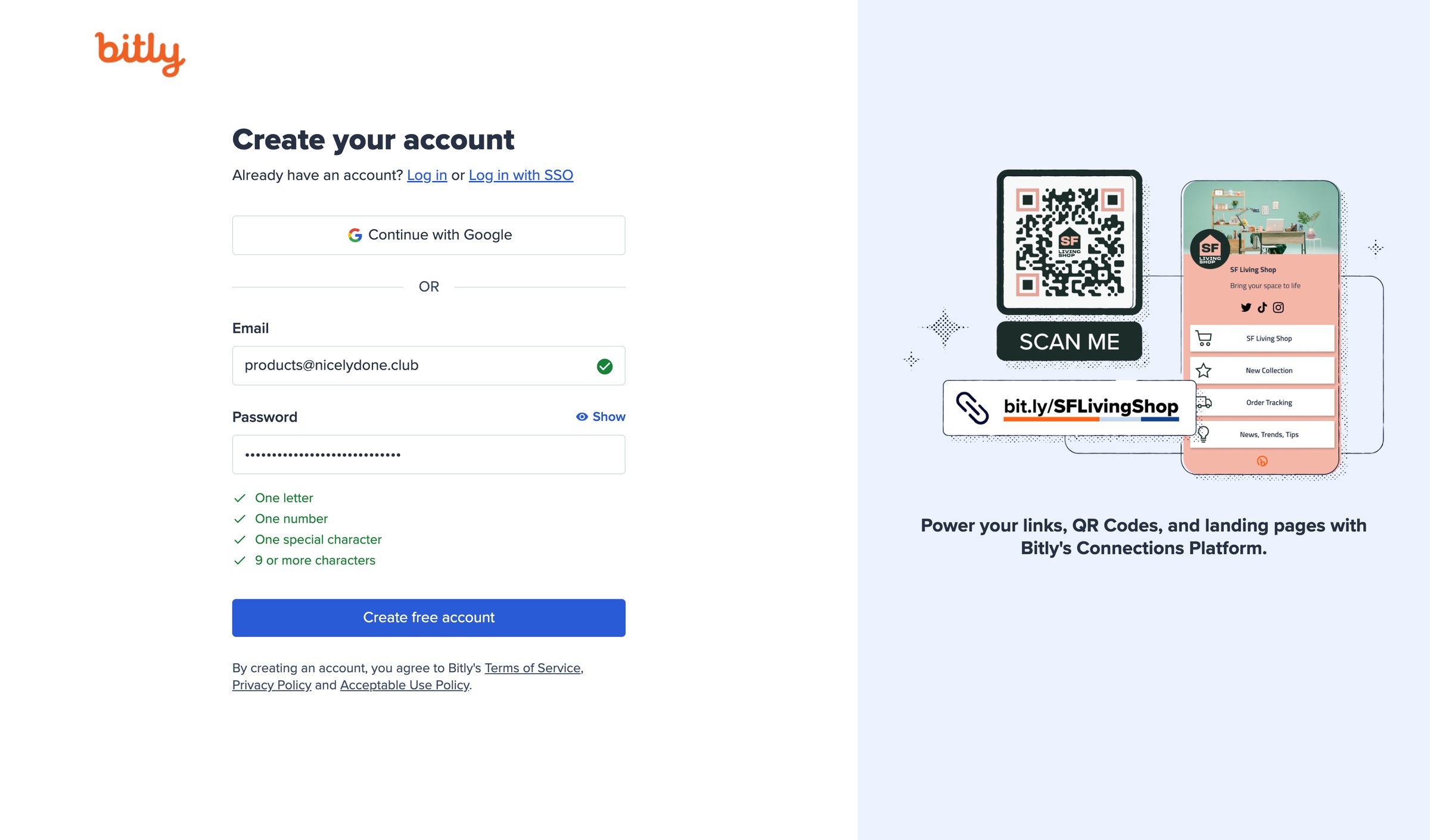 Bitly - Sign up for the Bitly Connections Platform screen