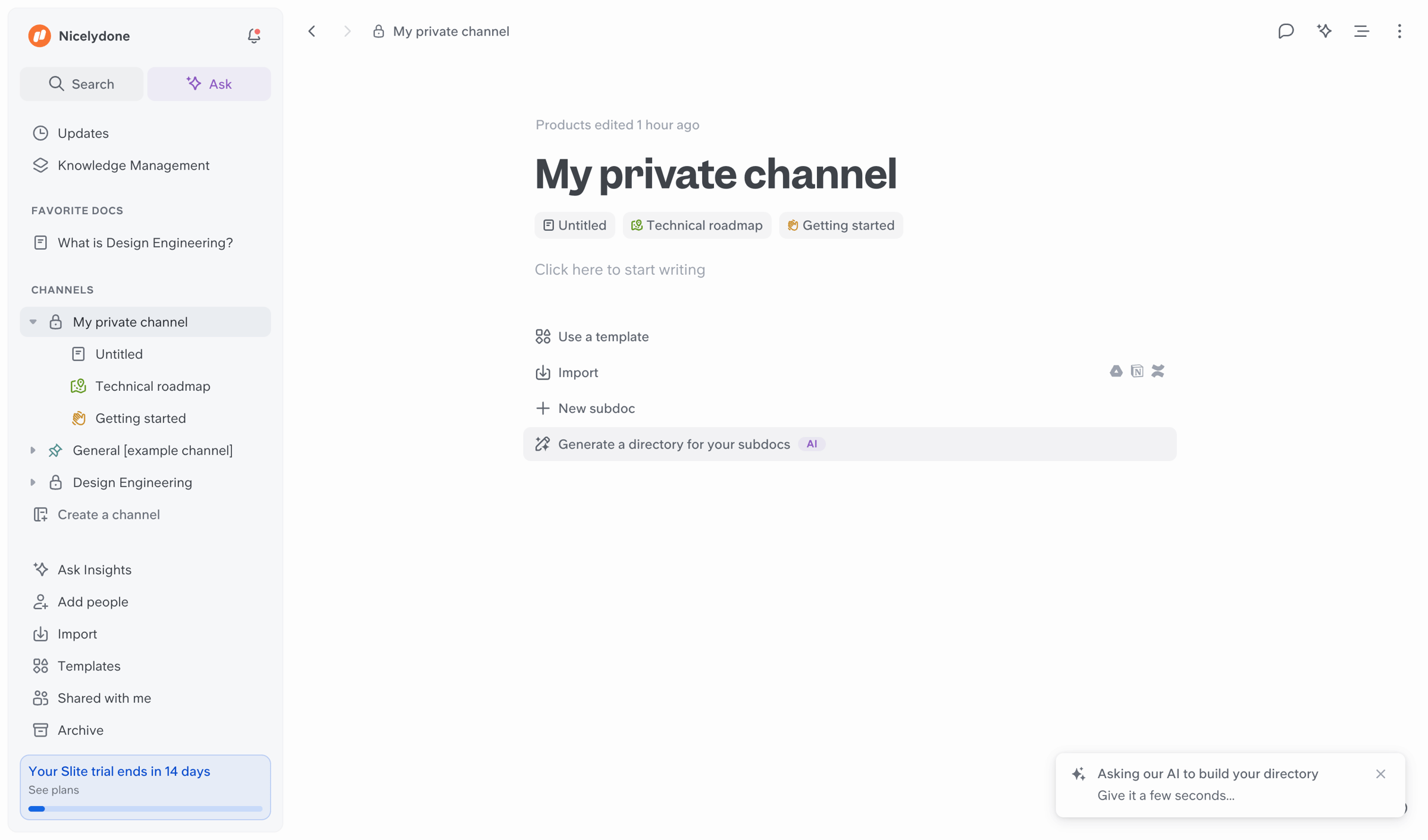 Slite - My private channel screen