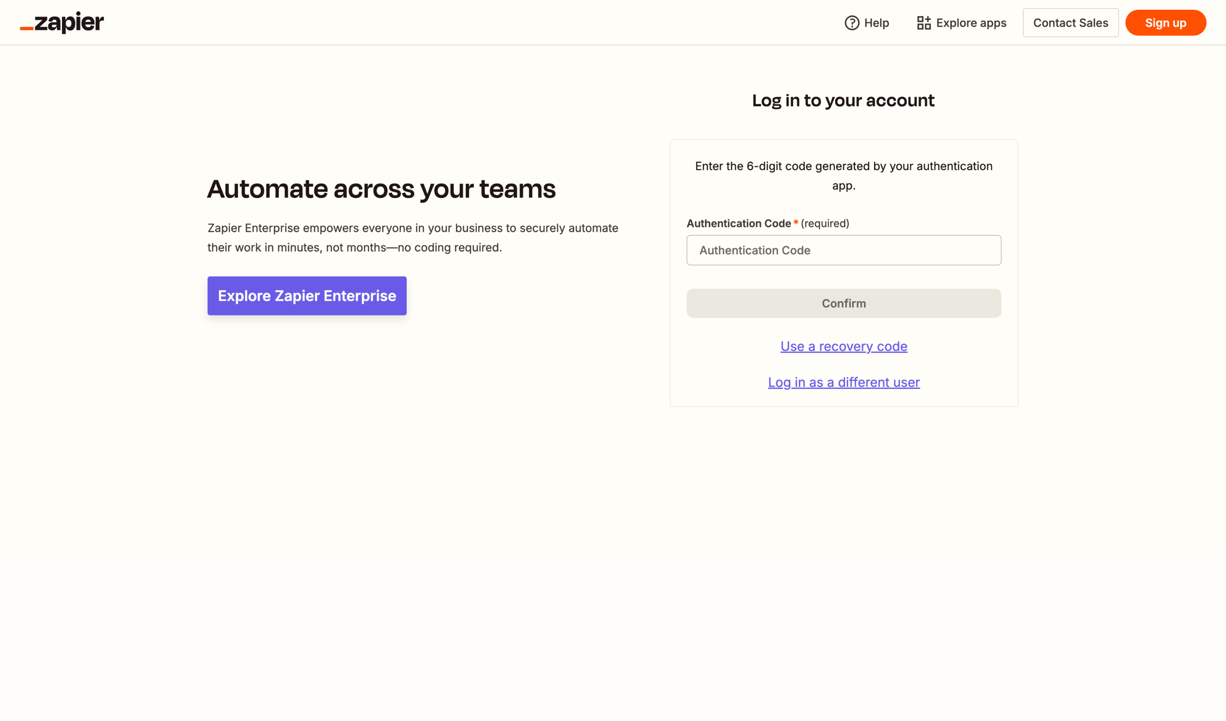 Zapier - Two-Factor Authentication | Zapier screen