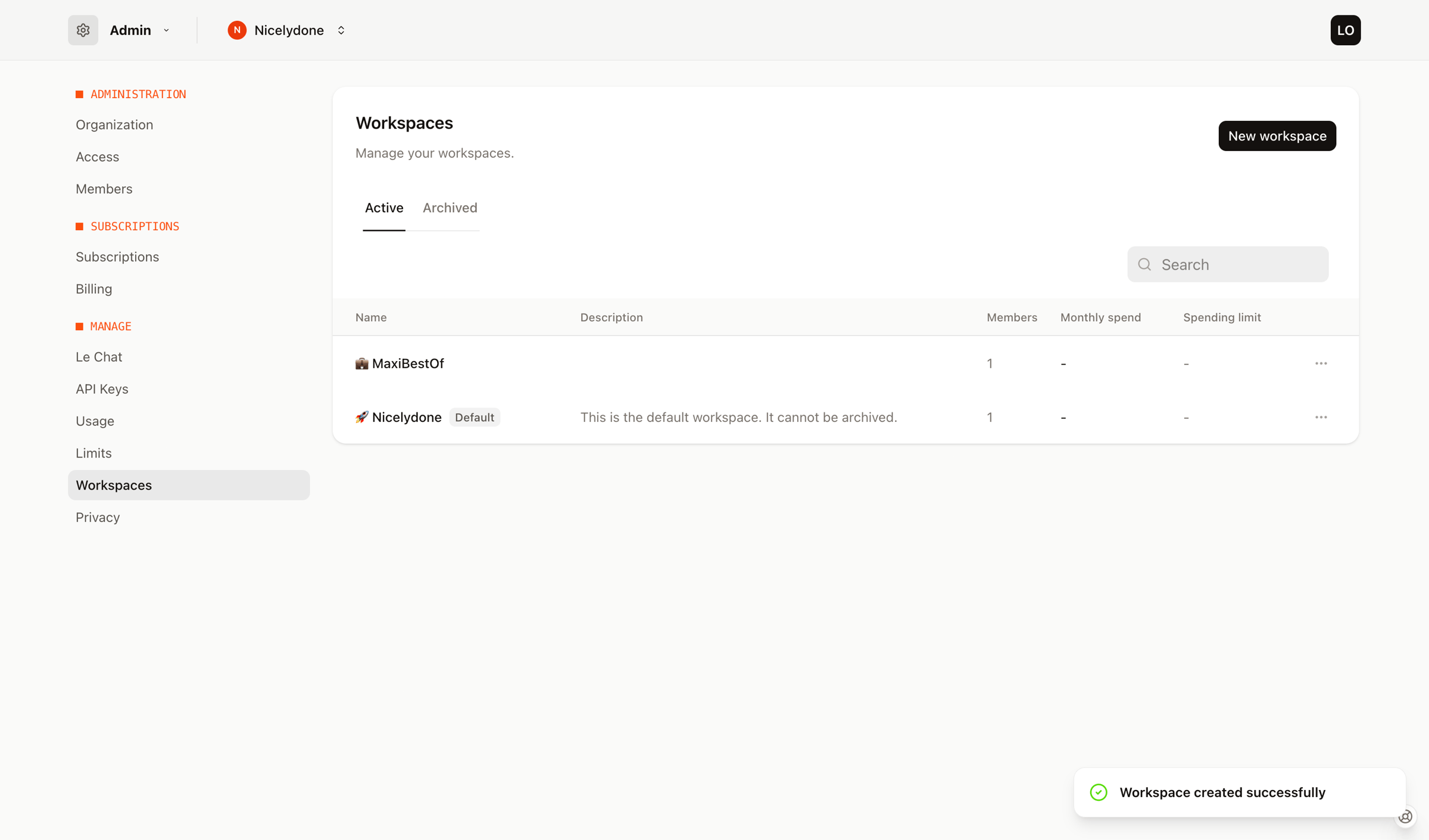 Mistral - Workspaces - Admin - Mistral AI screen