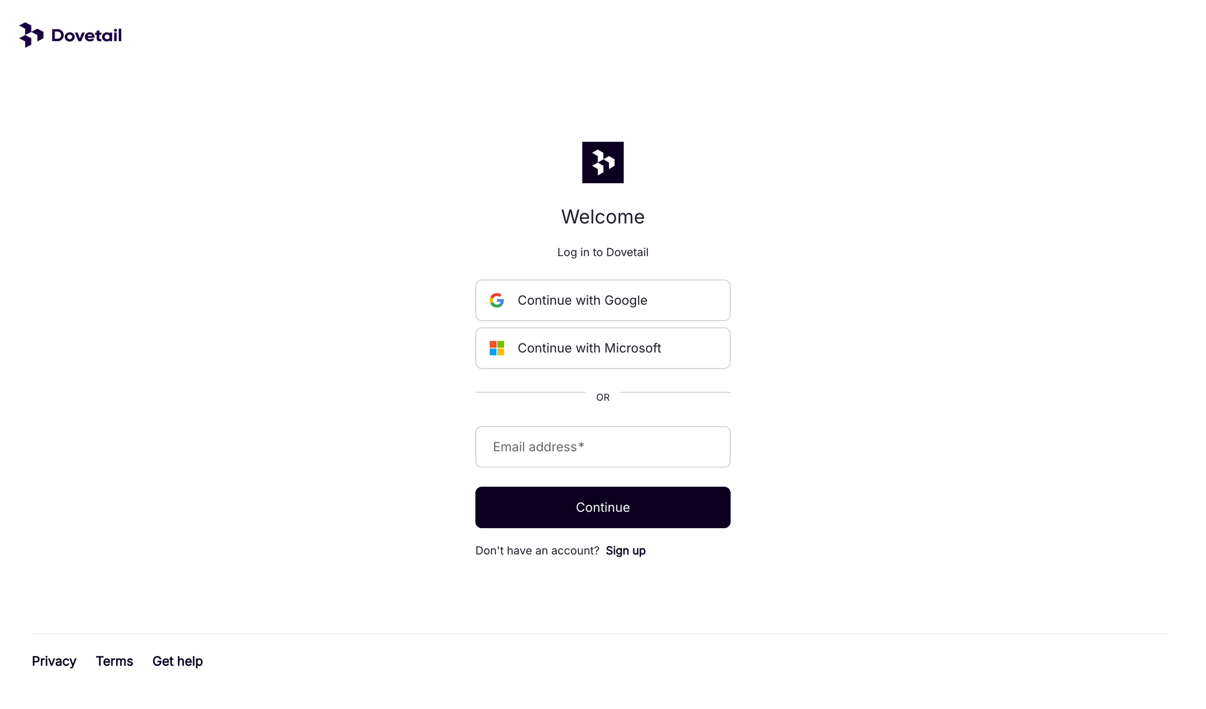 Dovetail - Log in – Dovetail screen