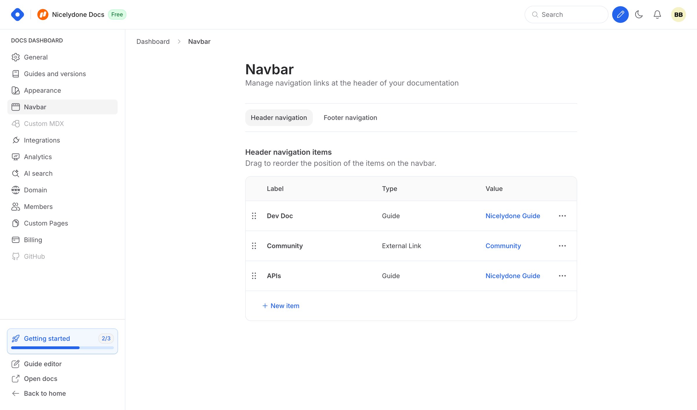Hashnode - Docs Dashboard - Navbar screen