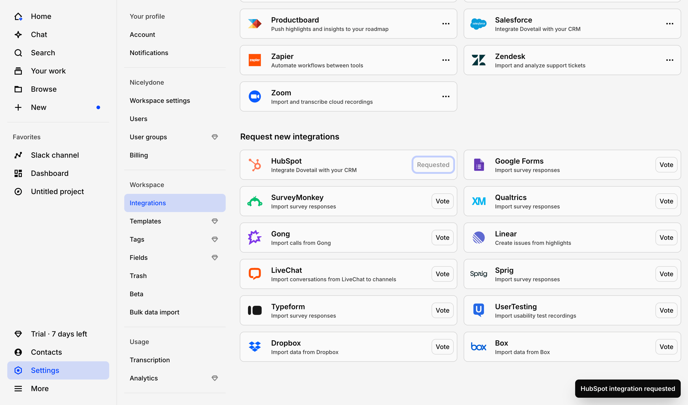Dovetail - Integrations – Dovetail screen
