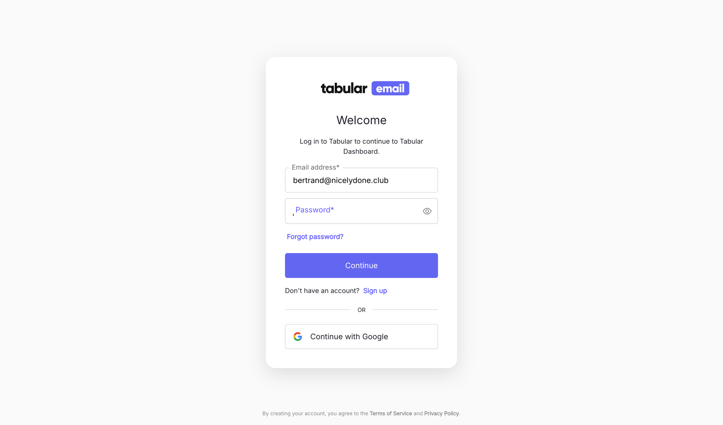 Tabular - Log in | Tabular Dashboard screen