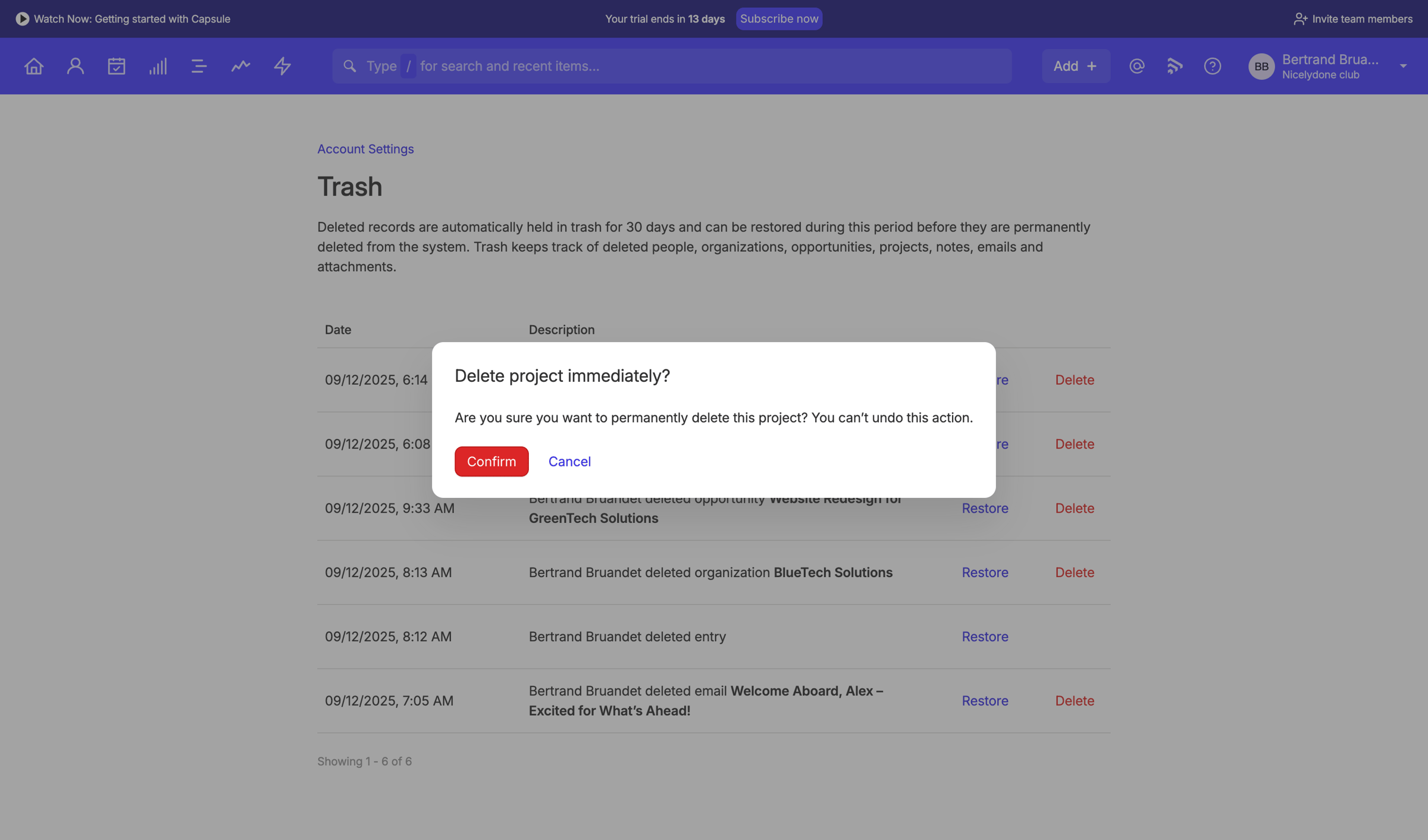 Capsule - Trash | Nicelydone club CRM screen