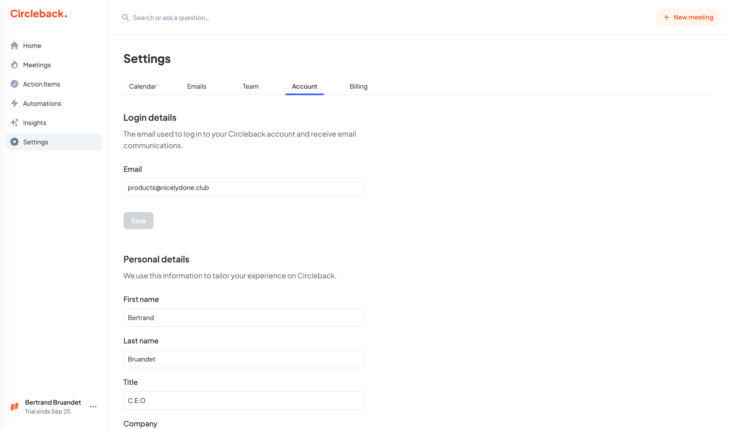 Circleback - Settings - Circleback screen