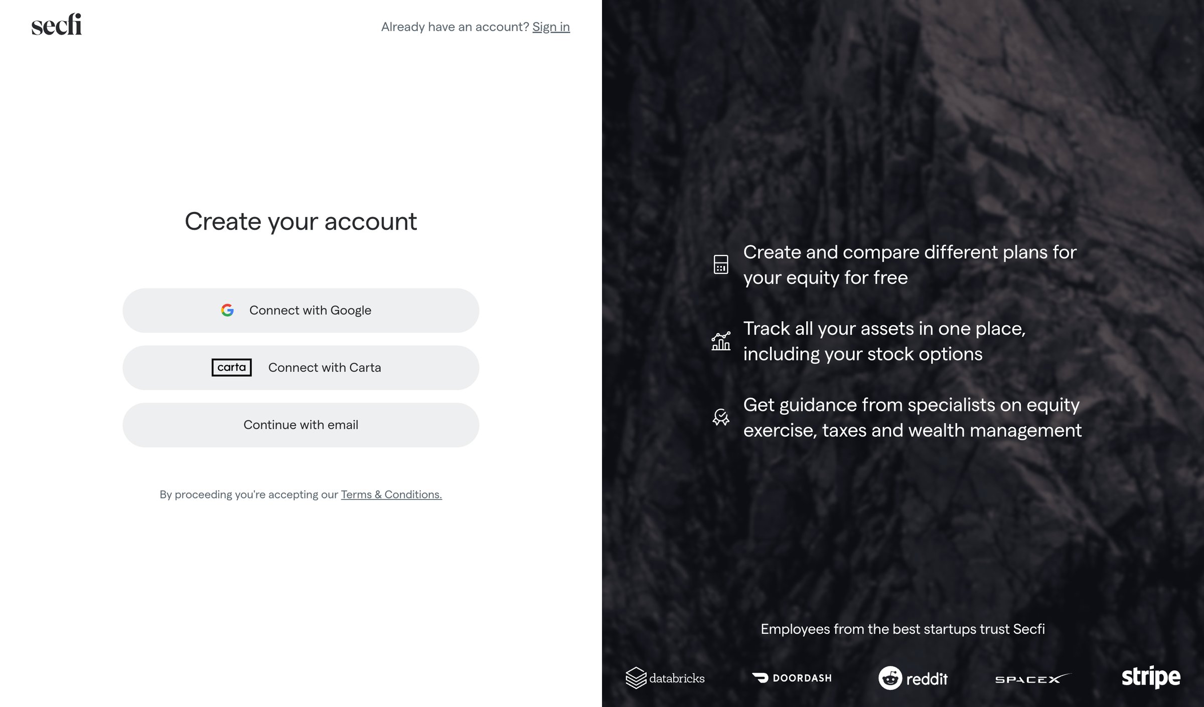 Secfi - Create your account | Secfi screen