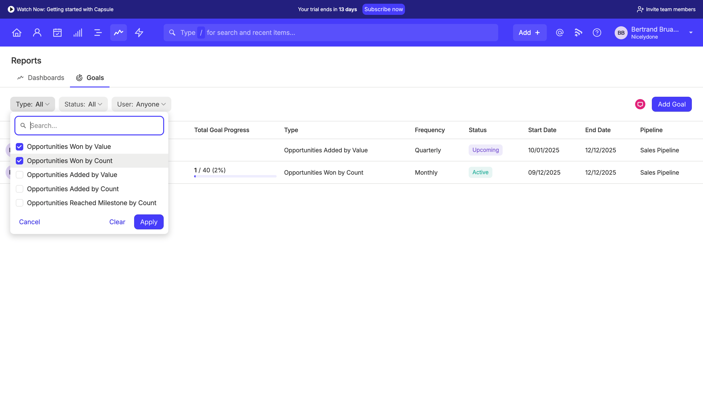 Capsule - Goals | Nicelydone CRM screen