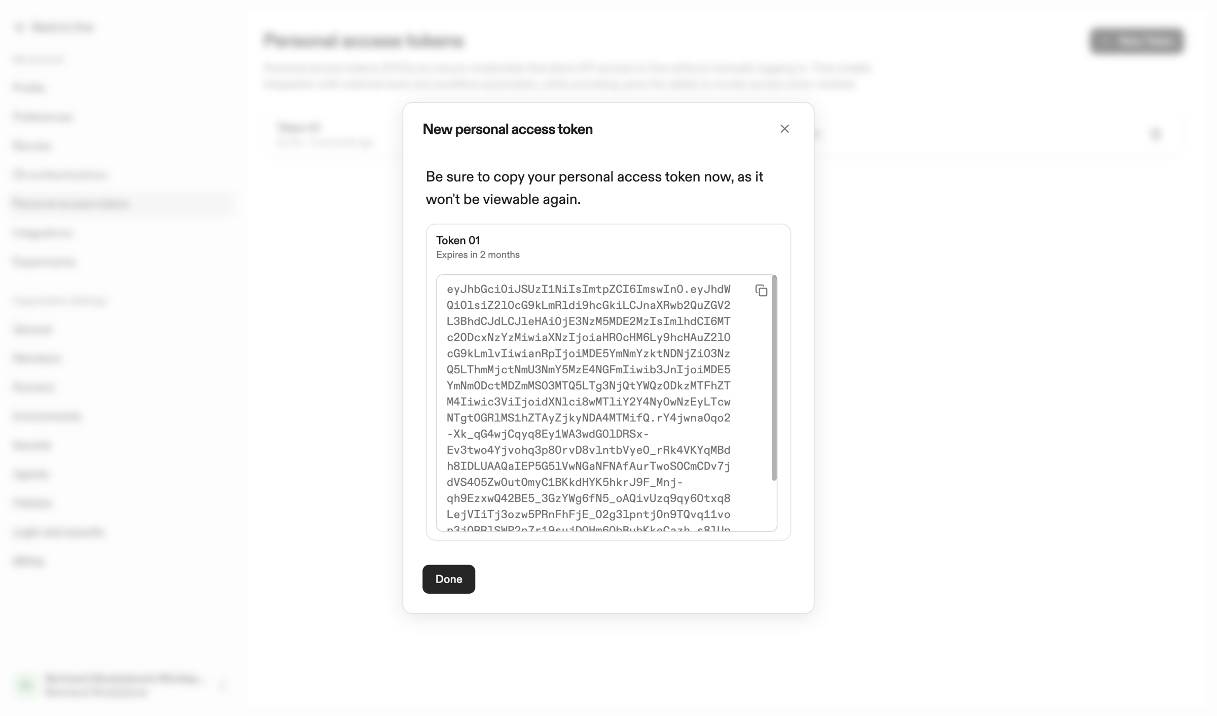 Ona - Personal Access Tokens | Ona screen