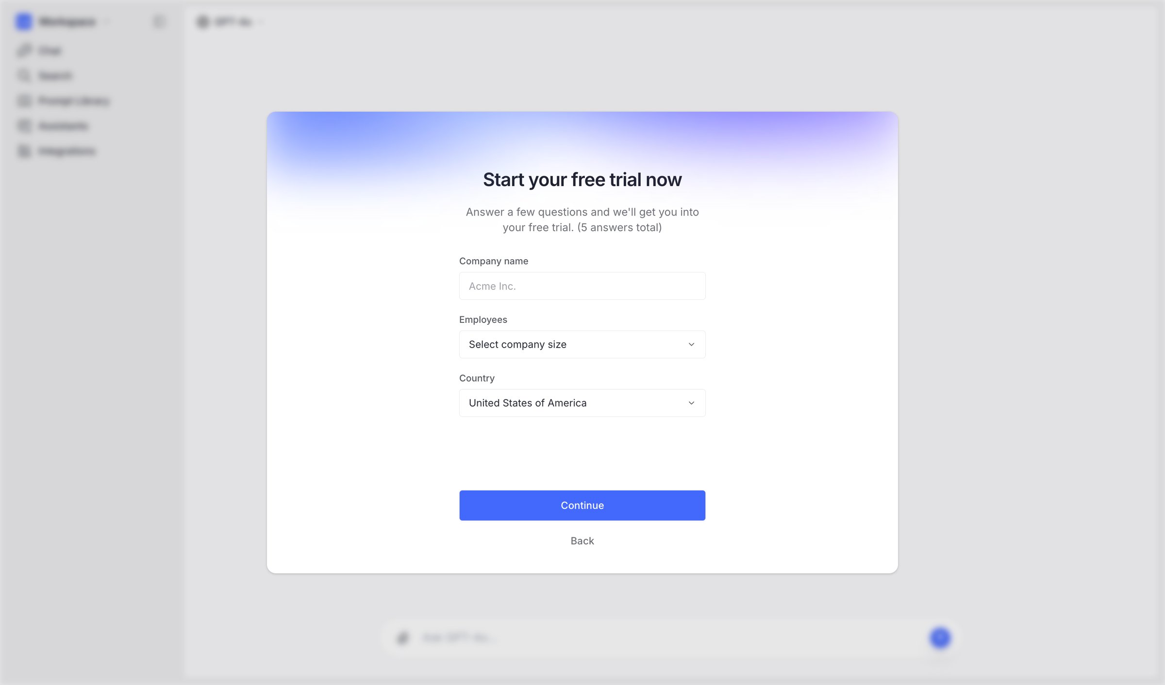 Langdock - Create a new workspace screen