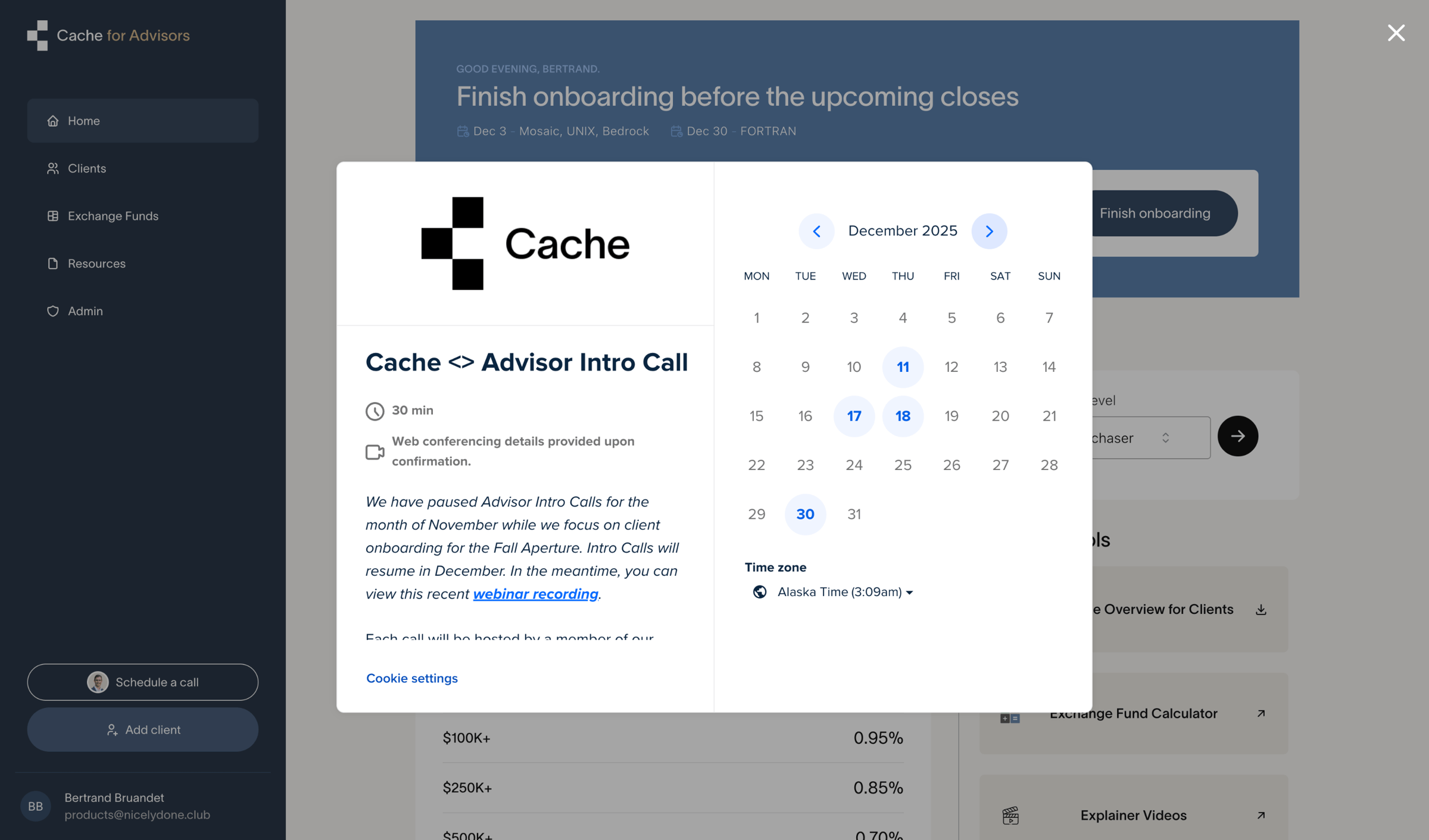 Cache - Cache – Client dashboard | Cache for Advisors screen