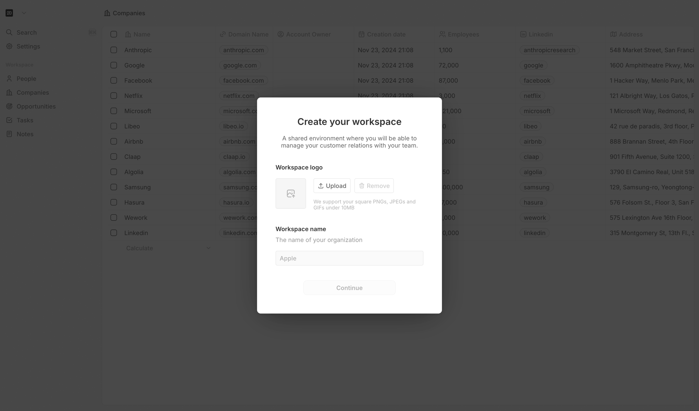 Twenty - Create Workspace screen