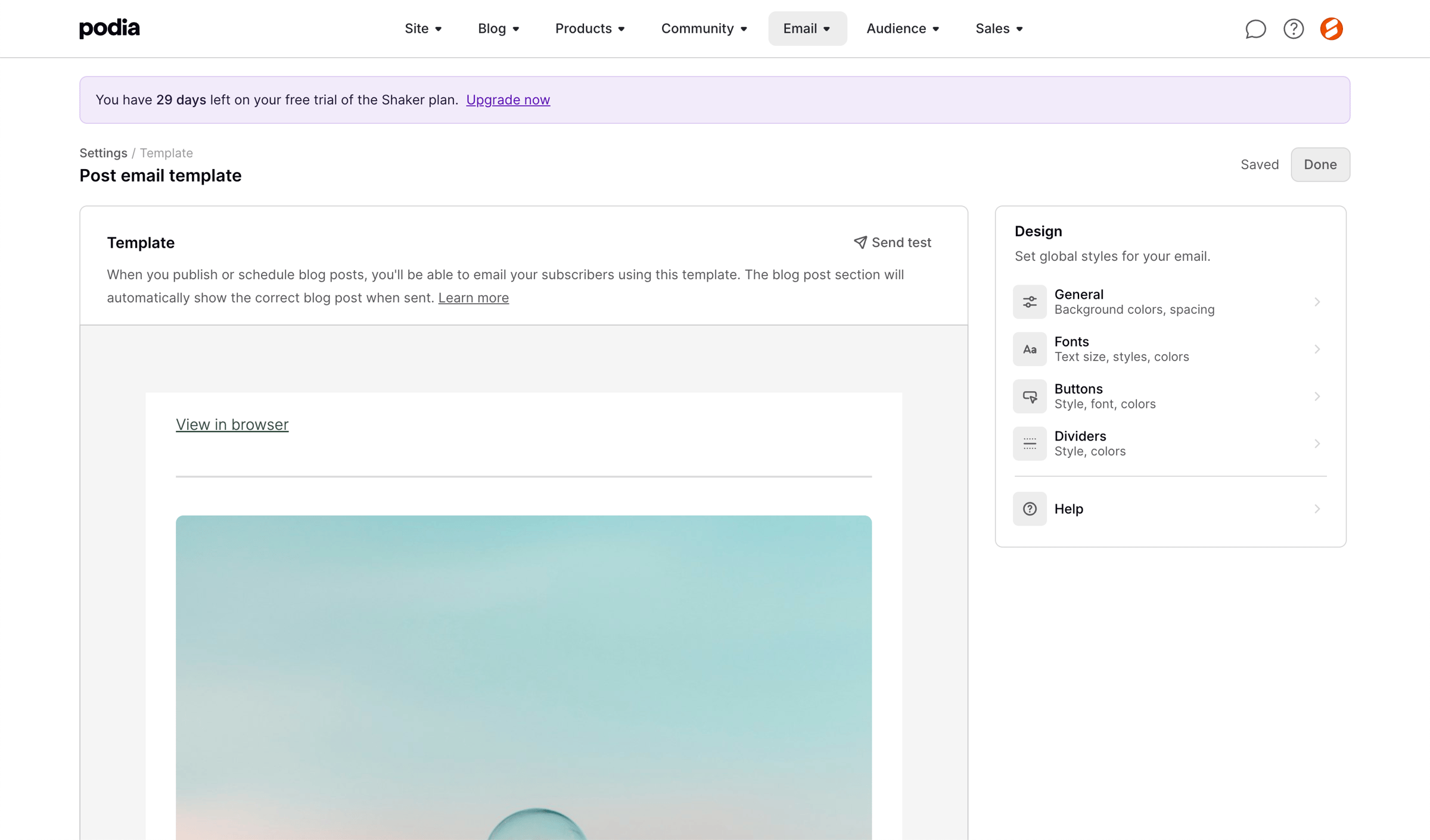 Podia - Podia Post email template screen