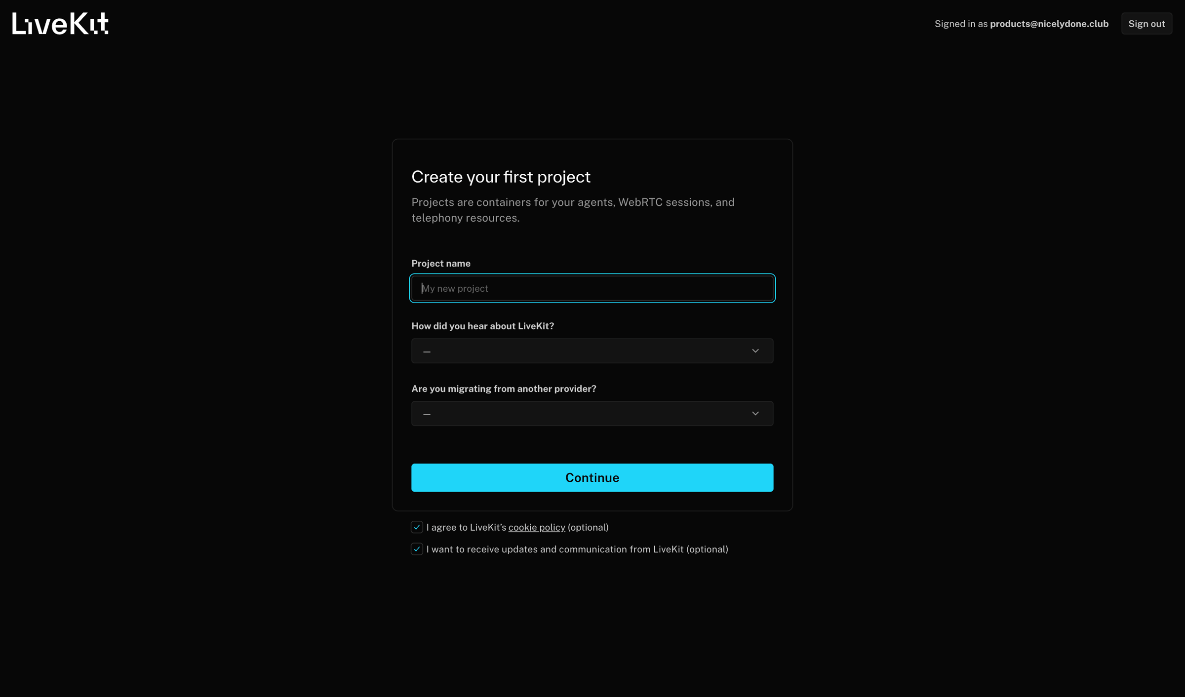 Livekit - New Project | LiveKit Cloud screen