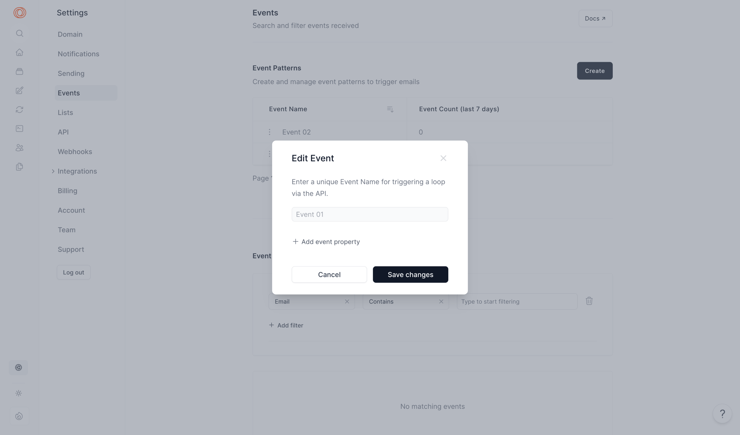 Loops - Settings | Events screen