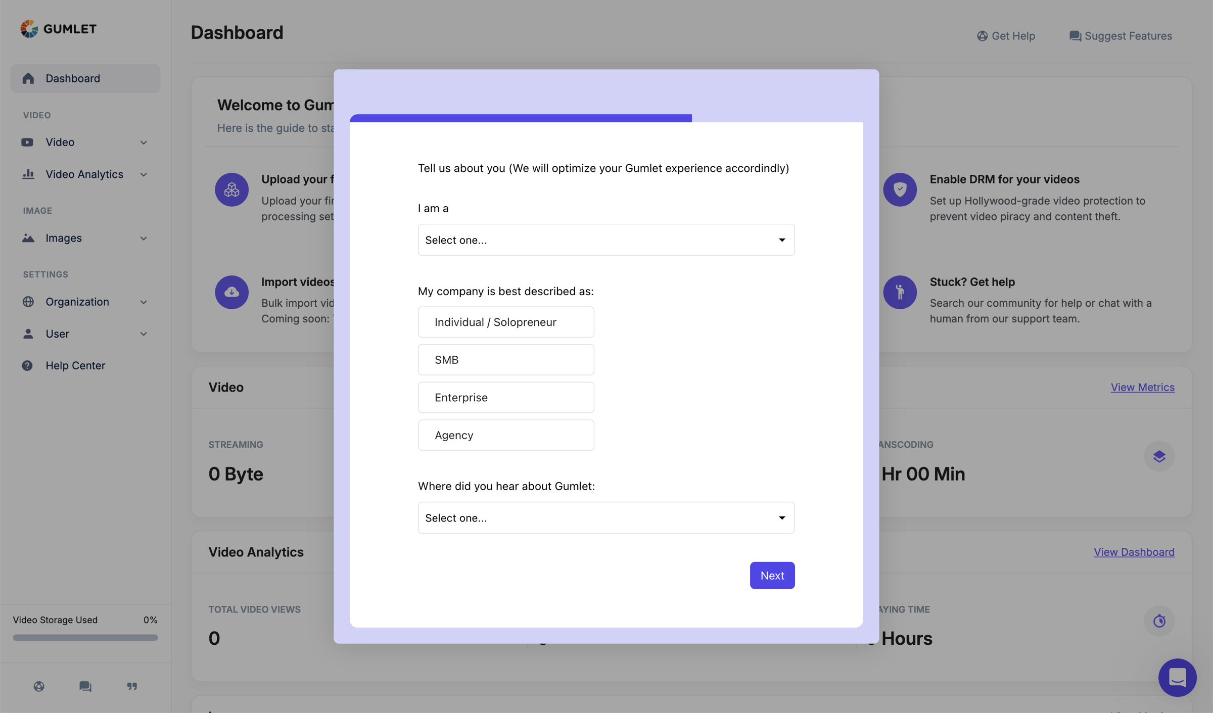 Gumlet - Dashboard - Gumlet screen