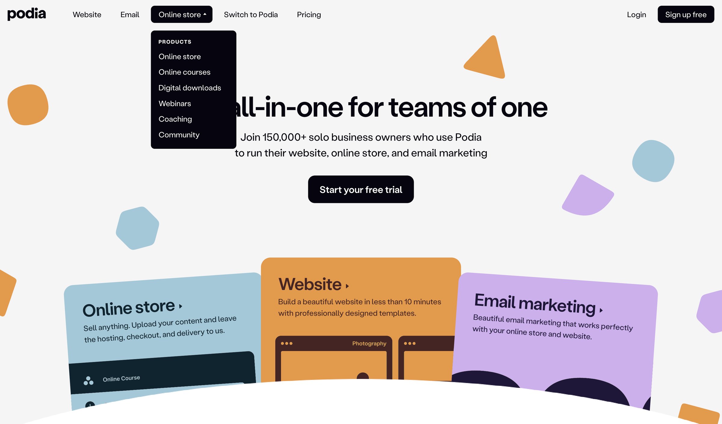 Podia - Your website, products, and email - all on Podia | Podia screen