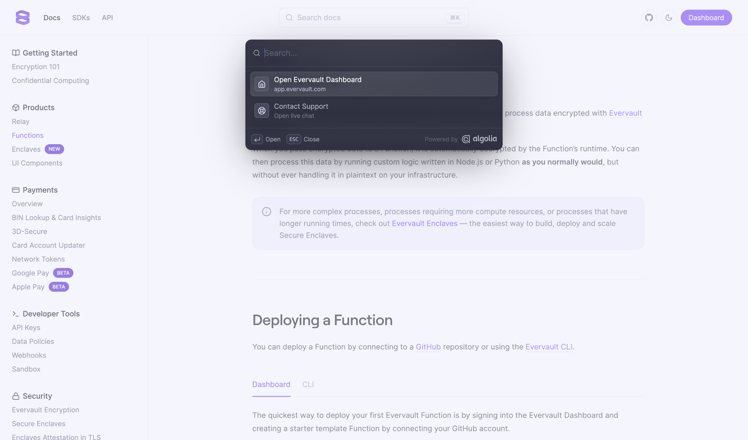 Evervault - Functions - Docs screen