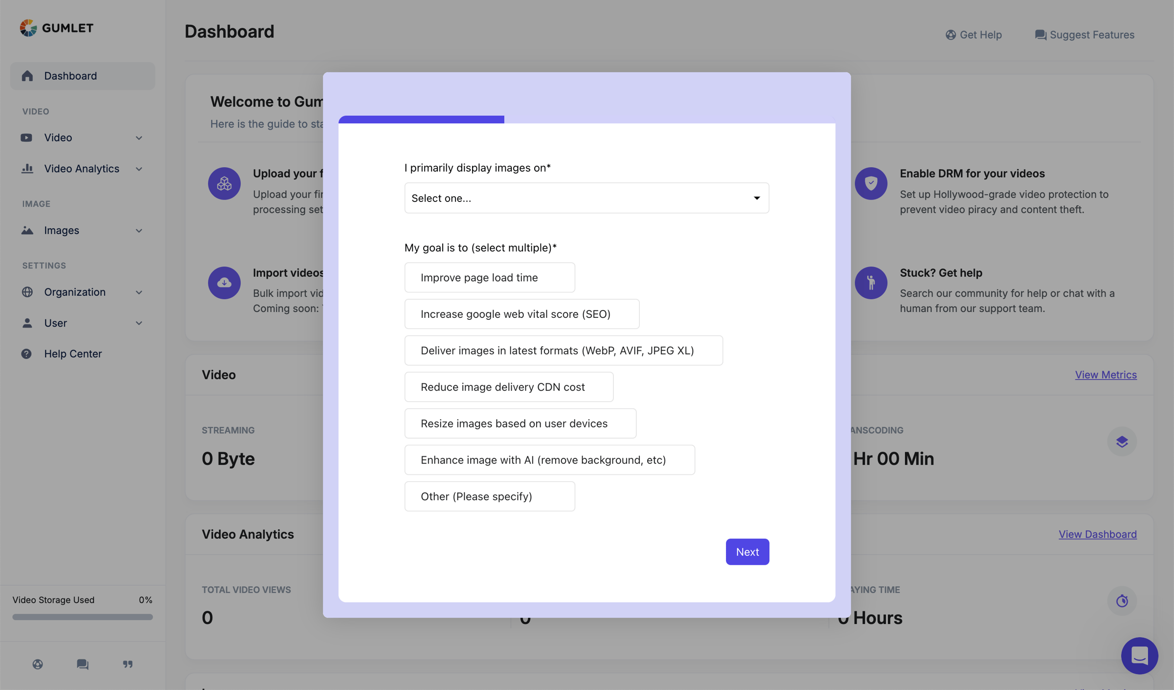 Gumlet - Dashboard - Gumlet screen