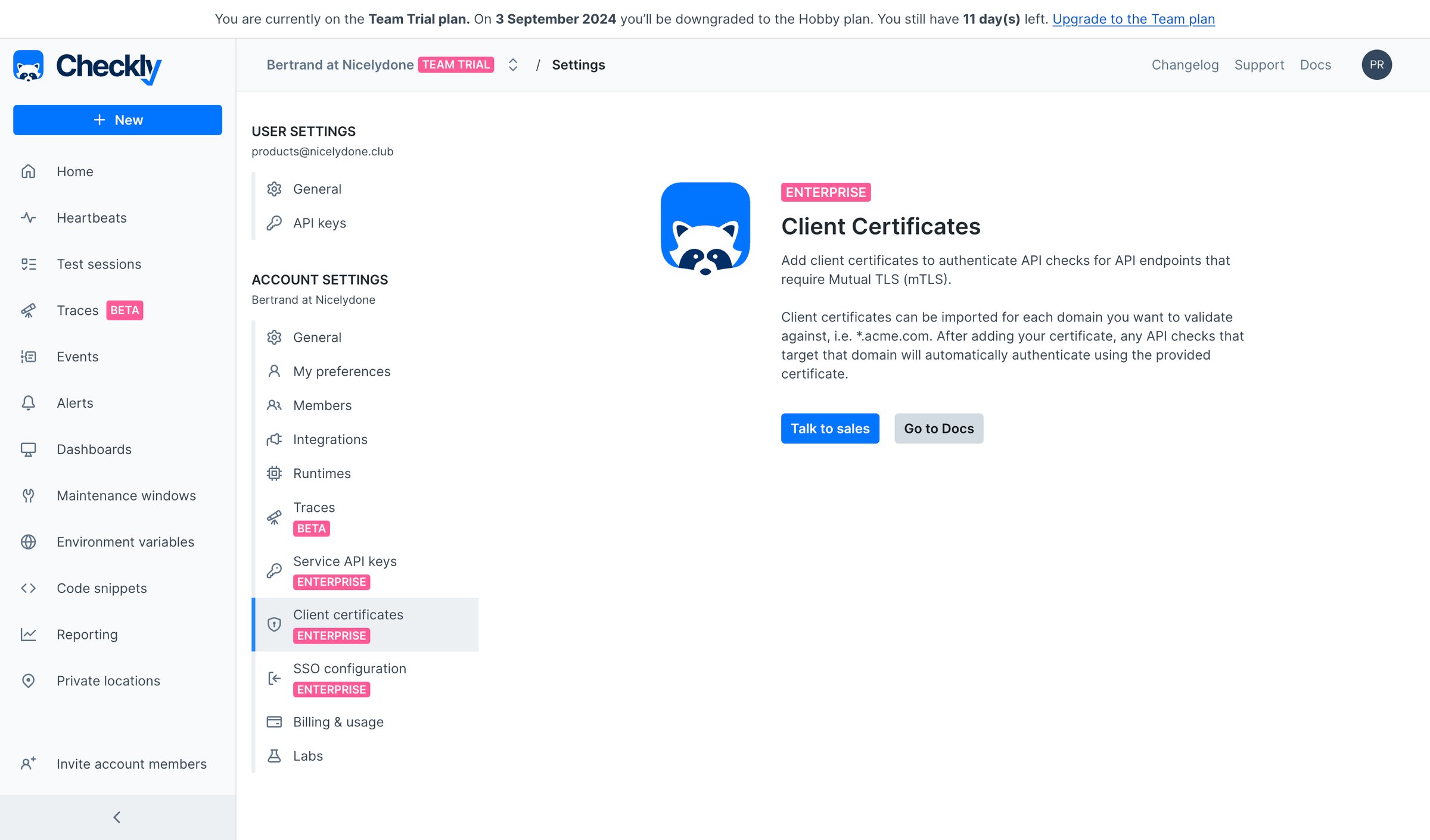Checkly - Account | Client Certificates screen
