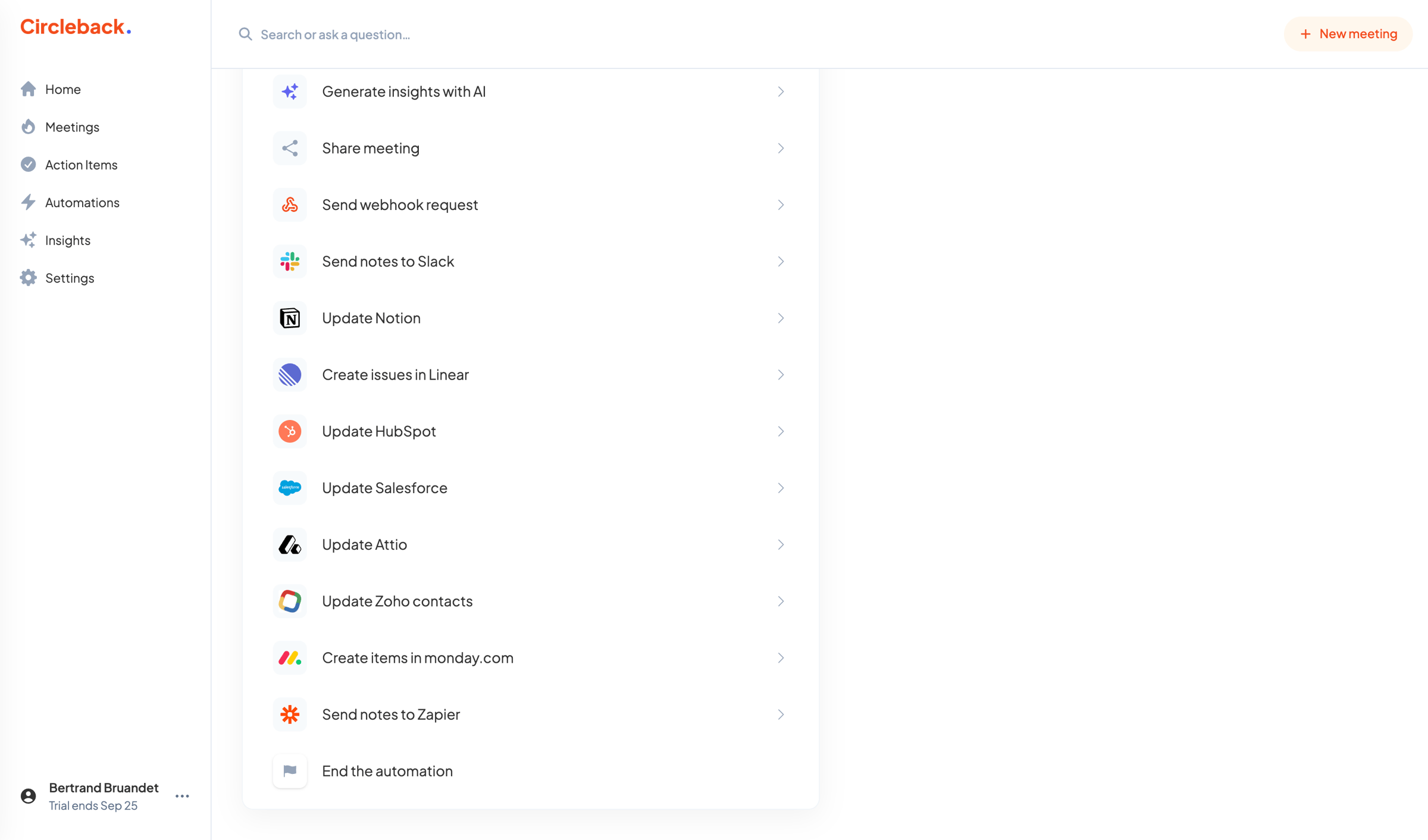 Circleback - Untitled automation - Circleback screen