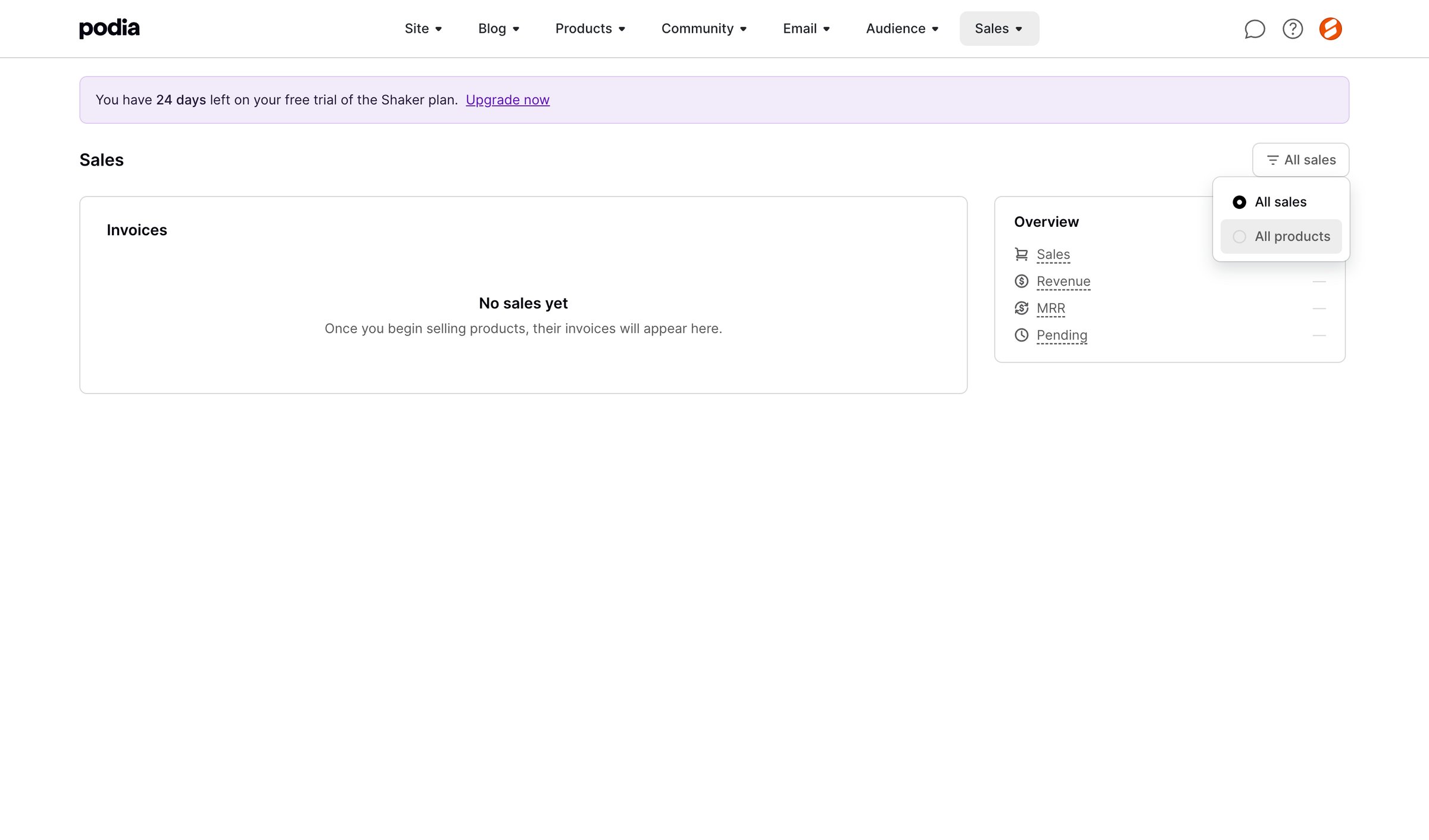 Podia - Podia Sales screen