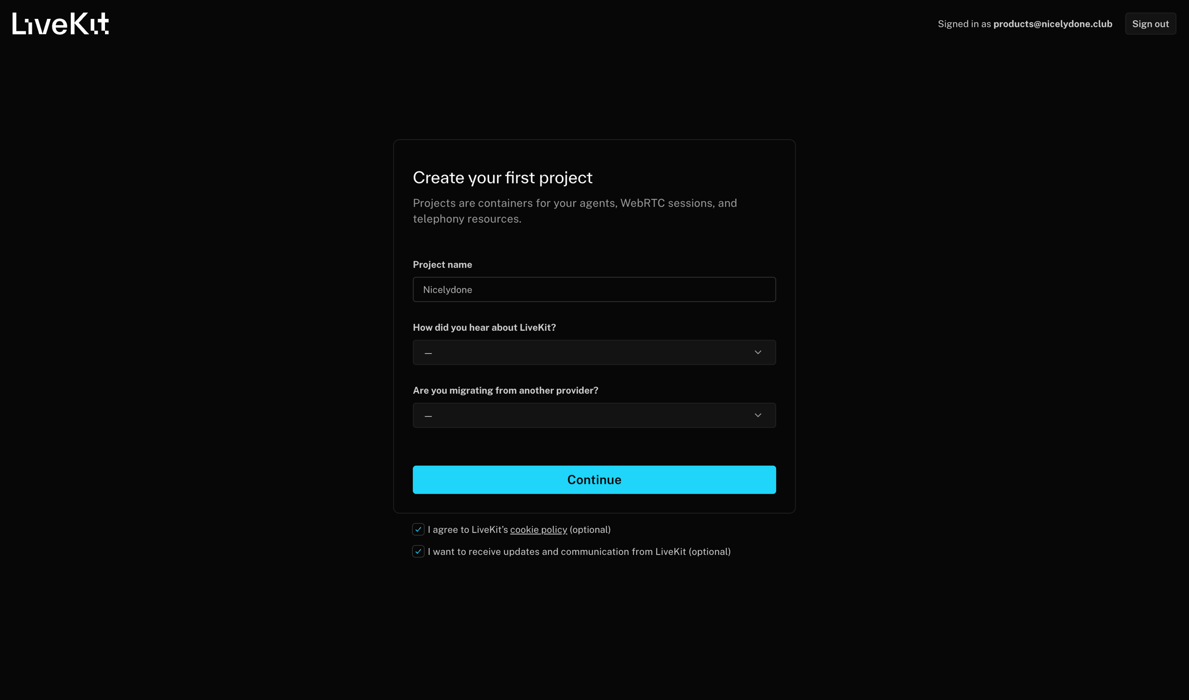 Livekit - New Project | LiveKit Cloud screen