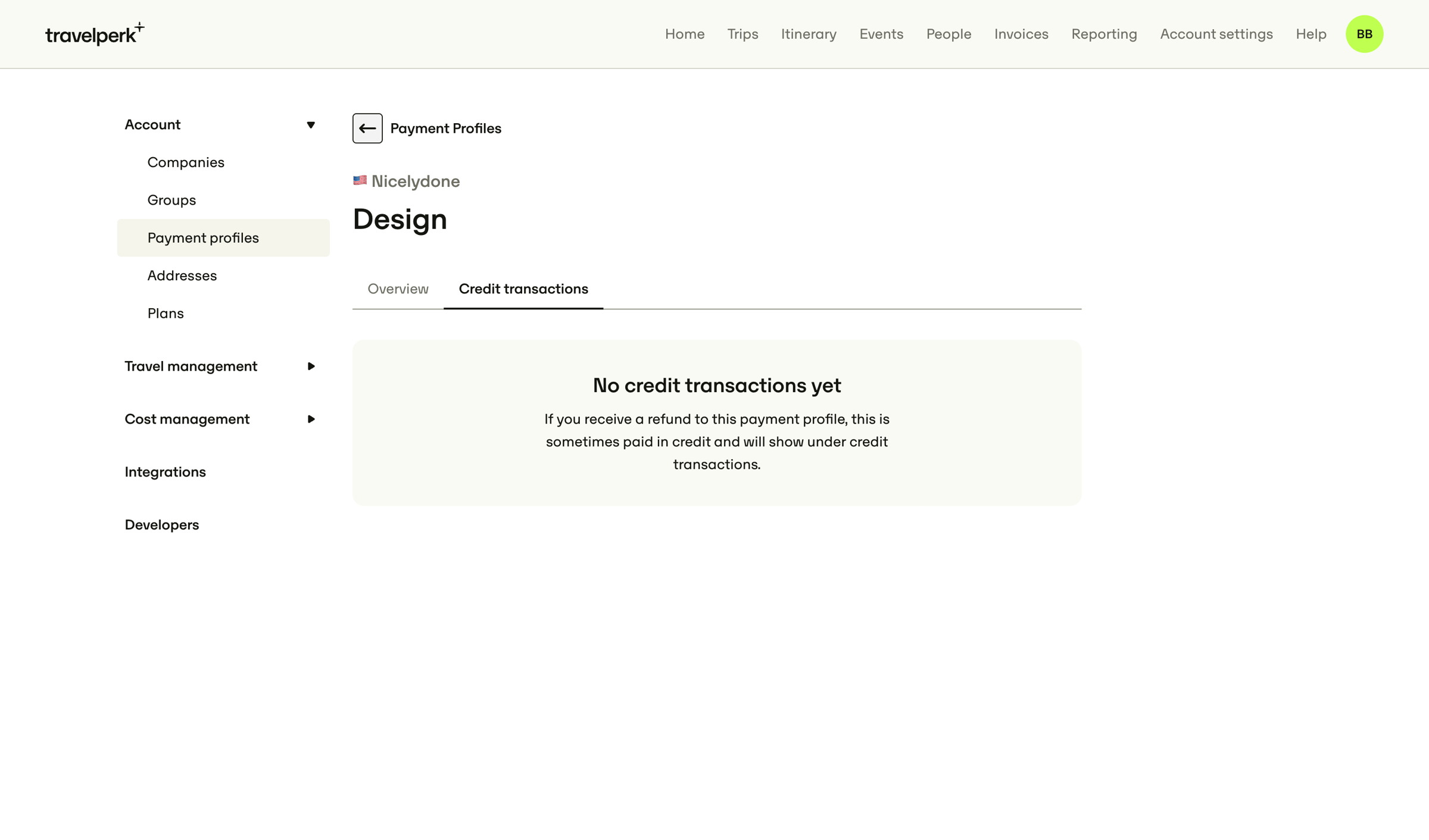 Travelperk - Account settings for Nicelydone — TravelPerk screen