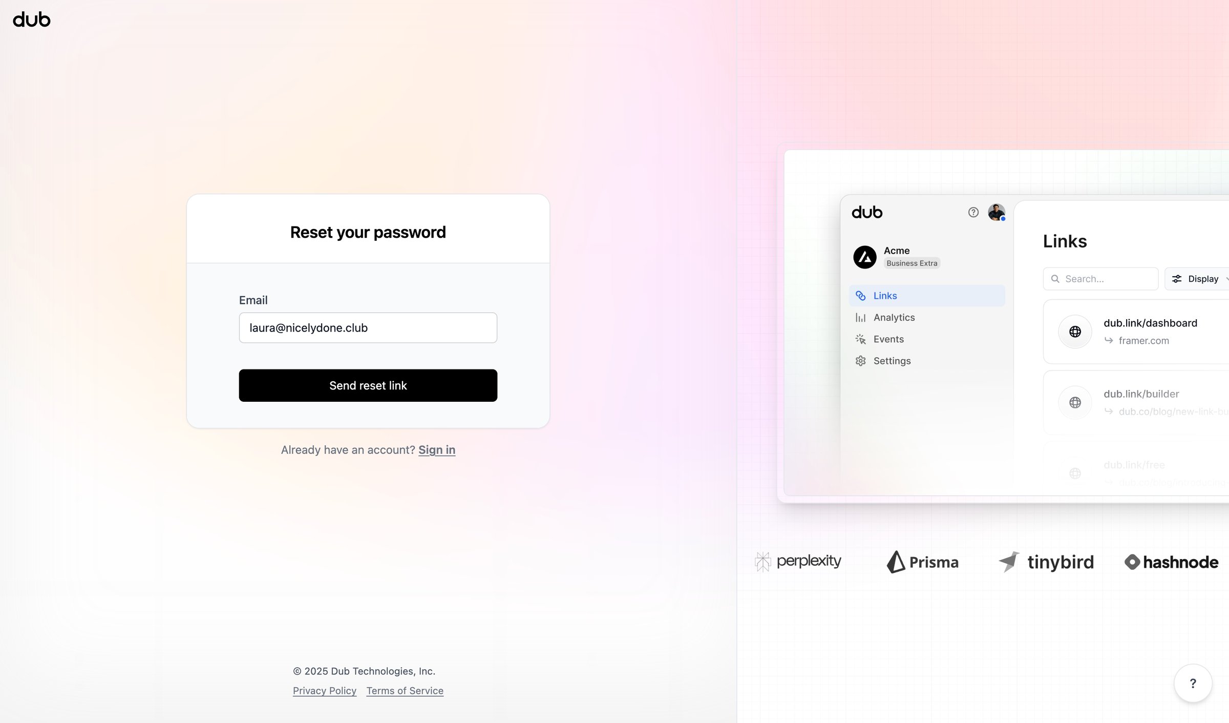 Dub - Forgot Password for Dub.co | Dub.co screen