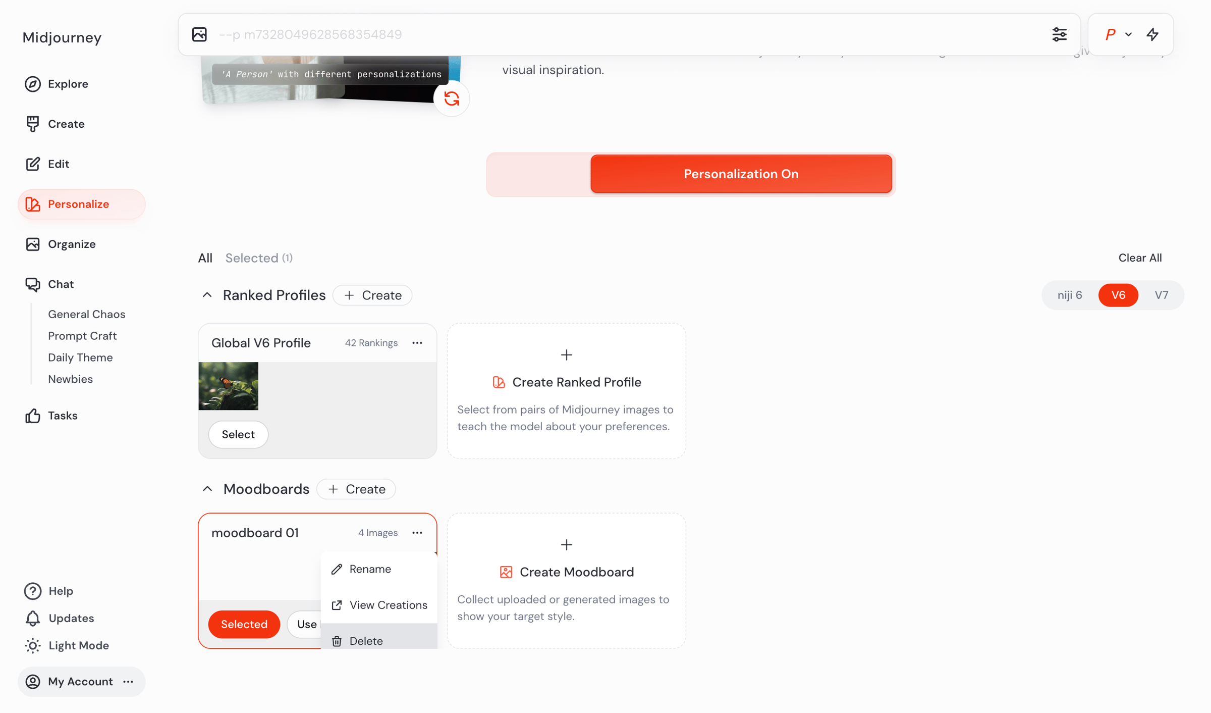 Midjourney - Personalize screen