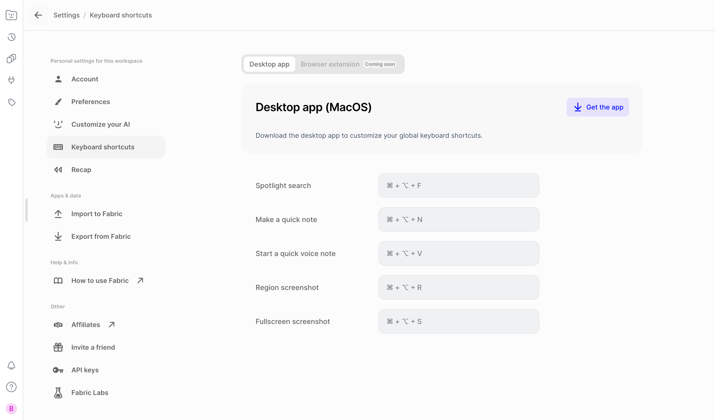 Fabric - Fabric | Keyboard shortcuts screen