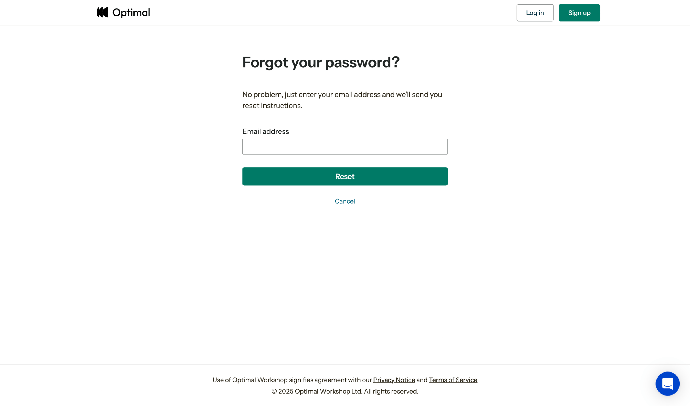 Optimal - Reset Password | Optimal Workshop screen