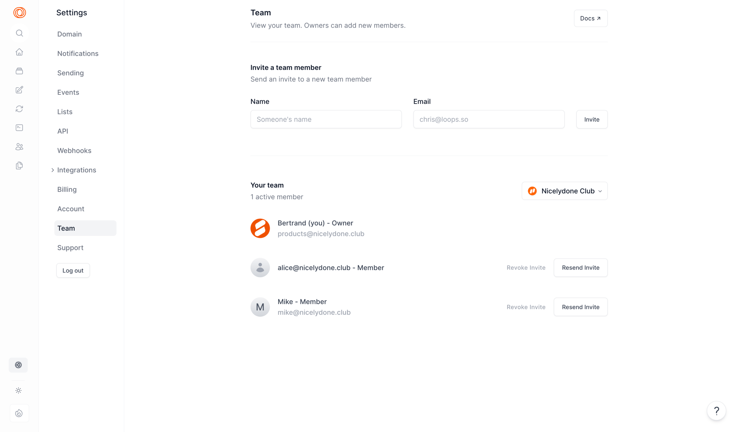 Loops - Settings | Team screen