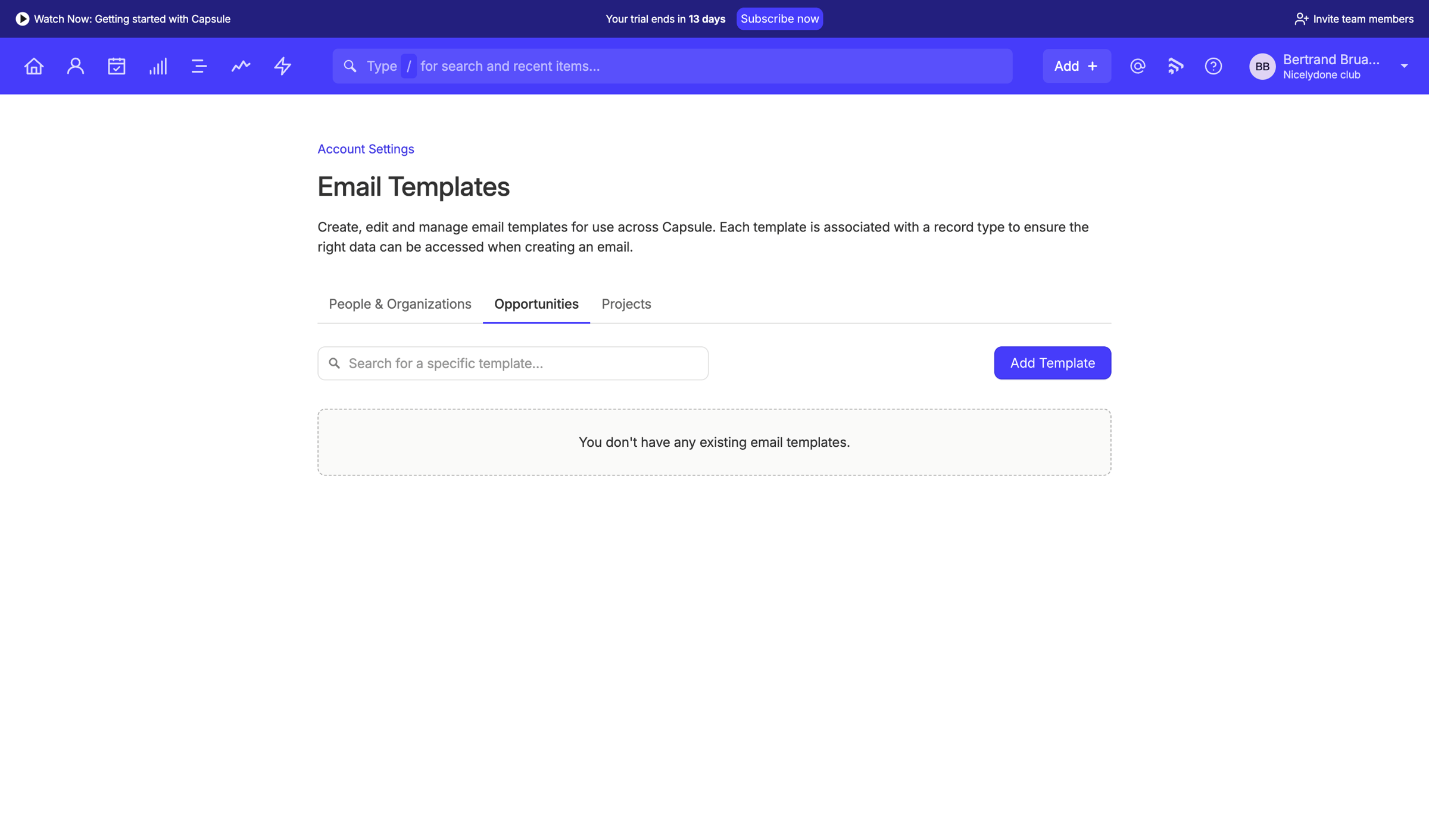 Capsule - Email Templates | Nicelydone club CRM screen