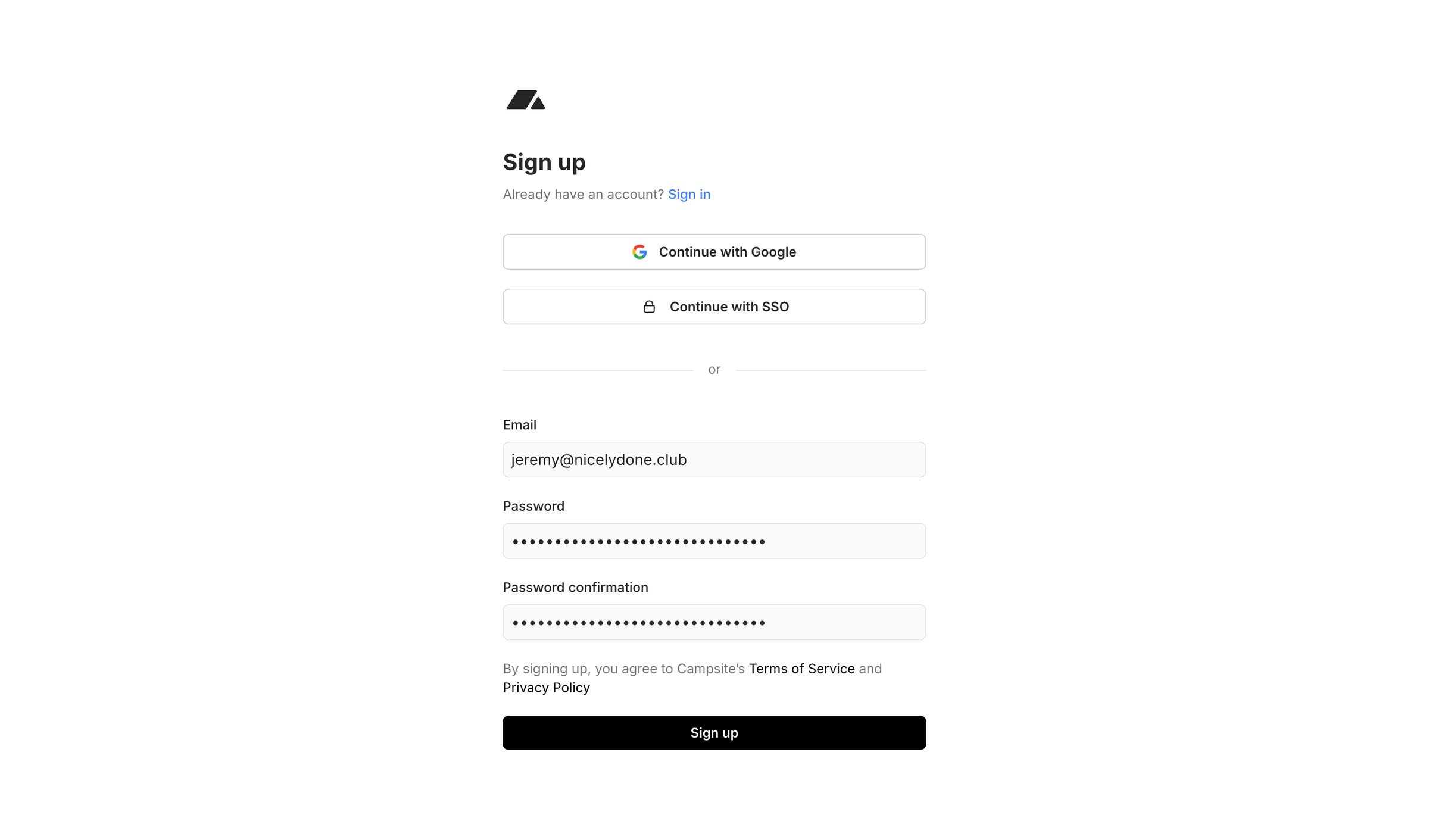 Campsite - Sign up - Campsite screen