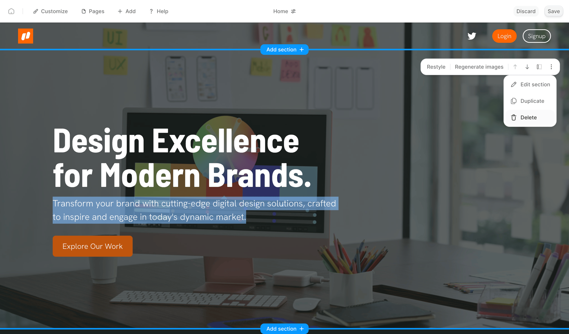 Durable - durable.co/b/nicelydone-qub2stkj/website/builder screen