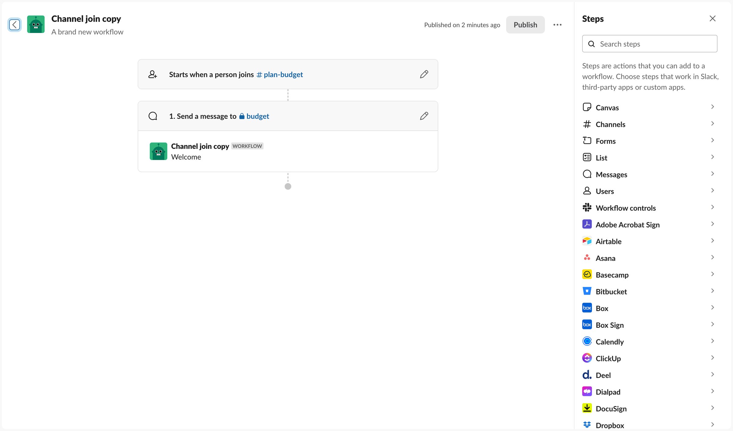 Slack - Channel join copy | Workflow Builder Nicelydoneclub - Slack screen