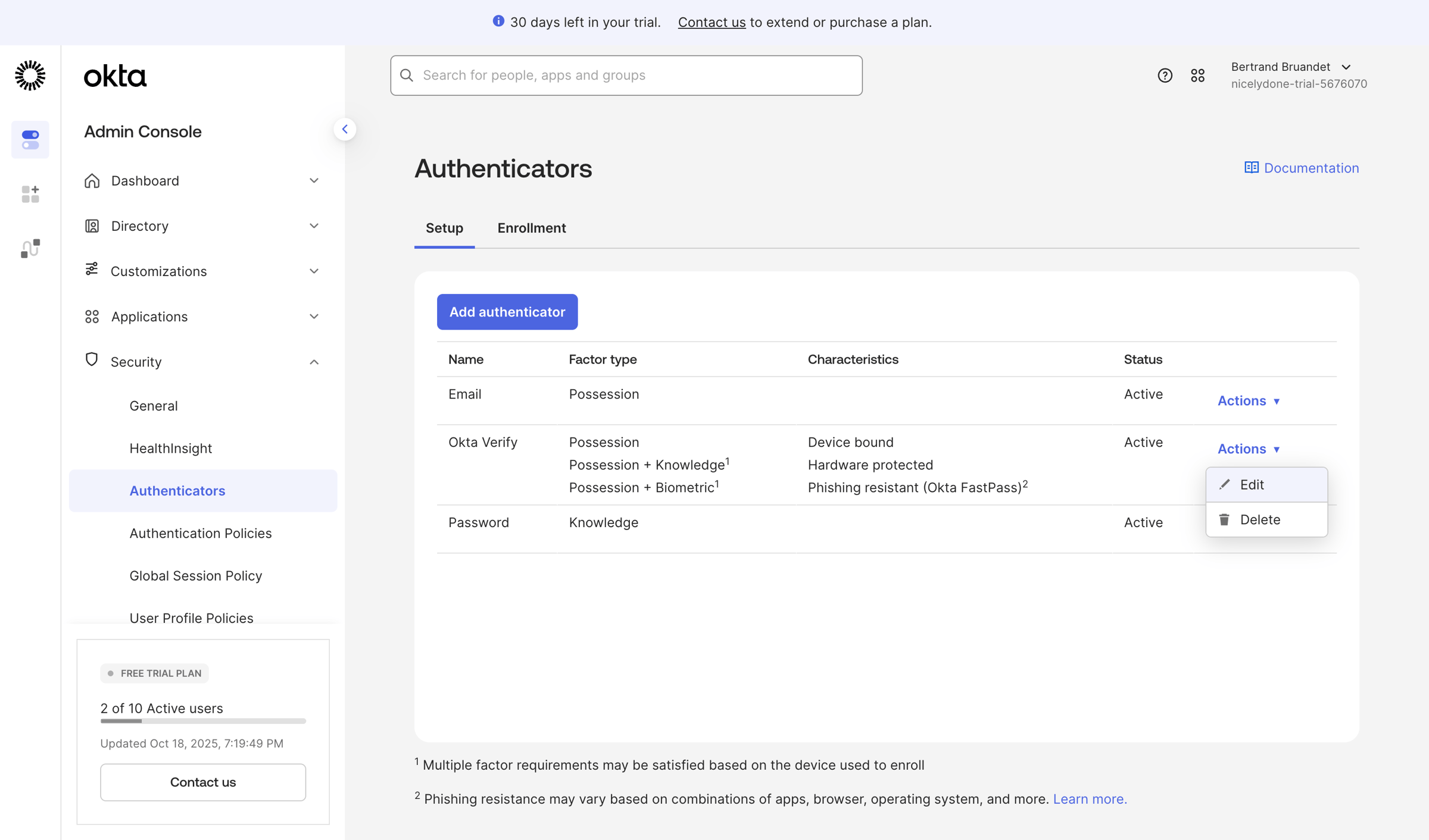 Okta - nicelydone-trial-5676070 - Authenticators screen