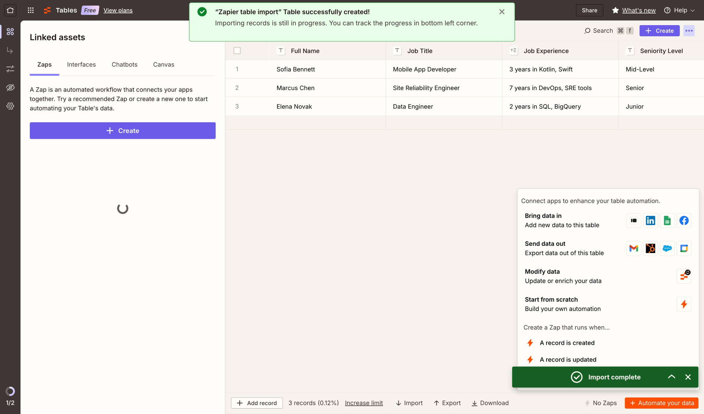 Zapier - Zapier table import | Zapier screen