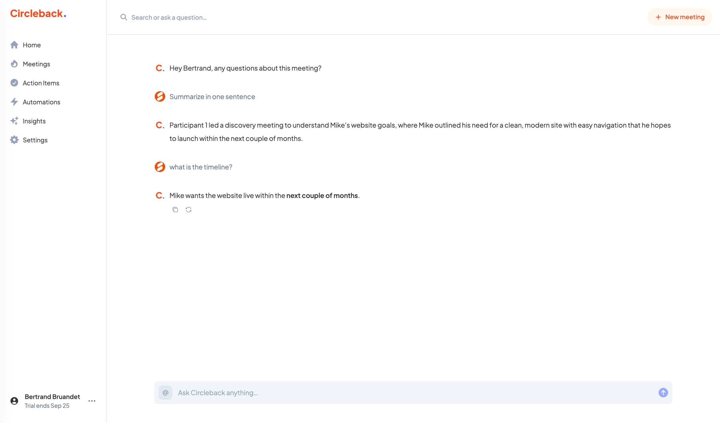Circleback - Hey Bertrand, any questions about this meeting? - Circleback screen