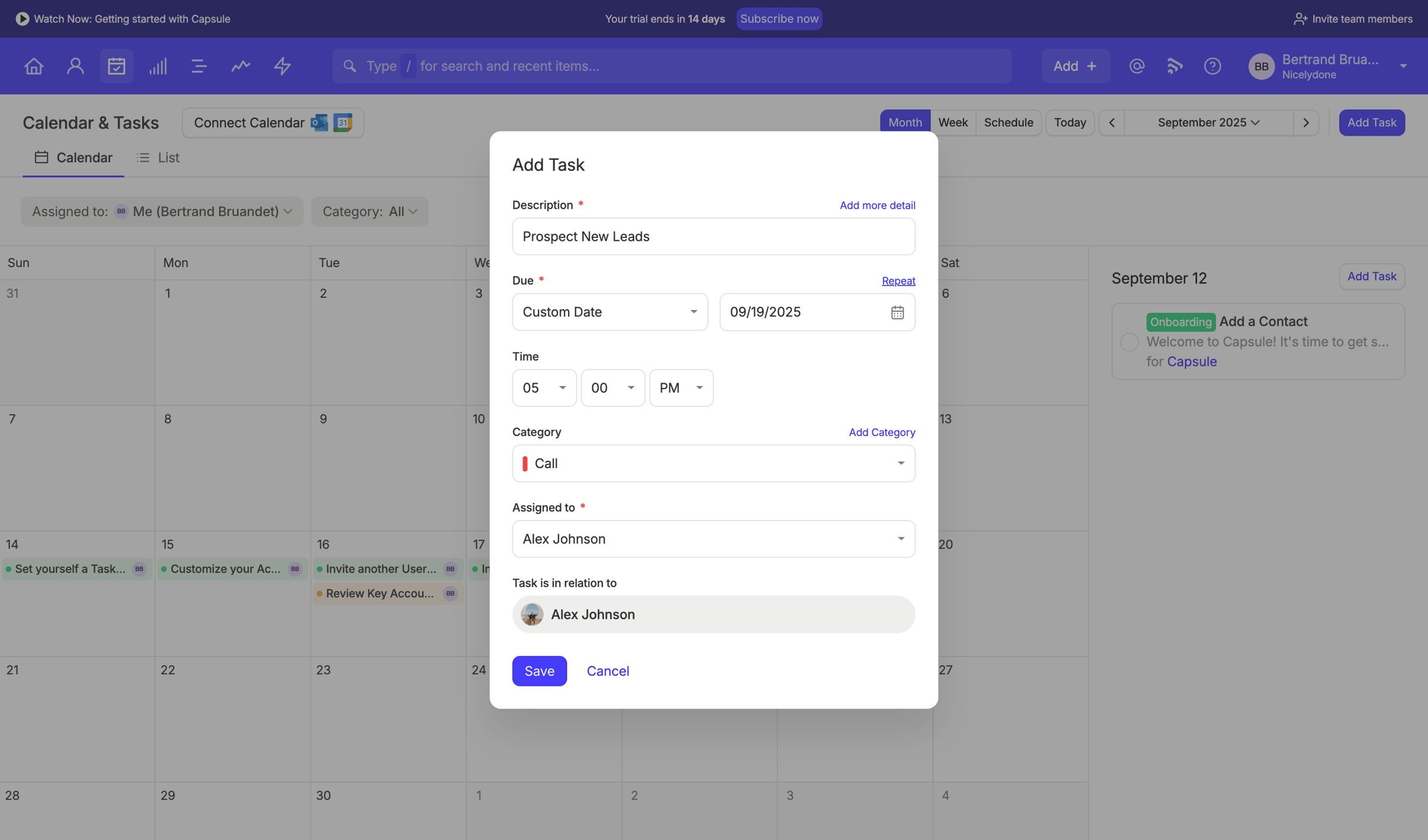 Capsule - Calendar | Nicelydone CRM screen